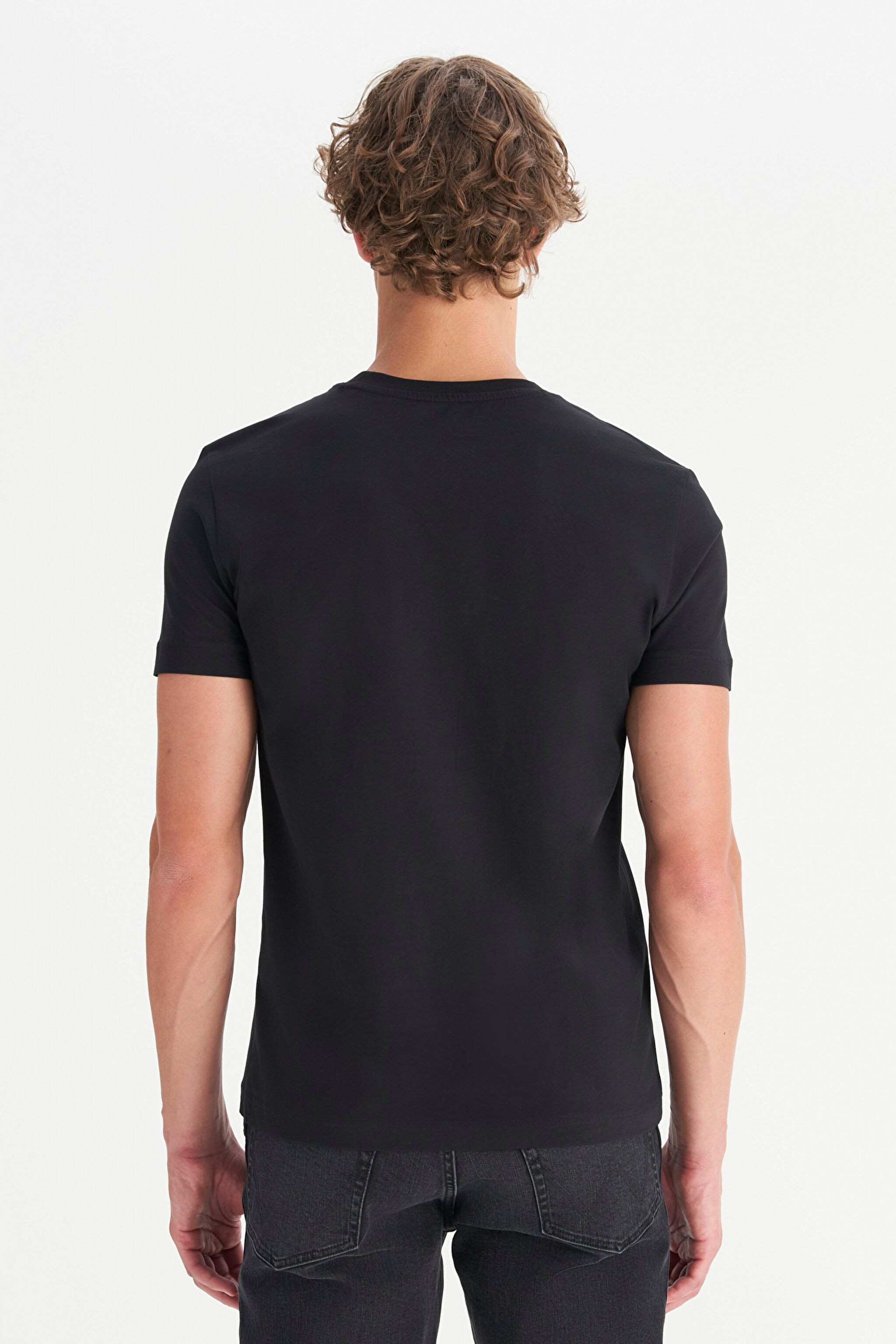 %100 Pamuk Regular Fit Normal Kesim Siyah Minimal Logo Tişört - Black-W2510527001 (görsel 5)