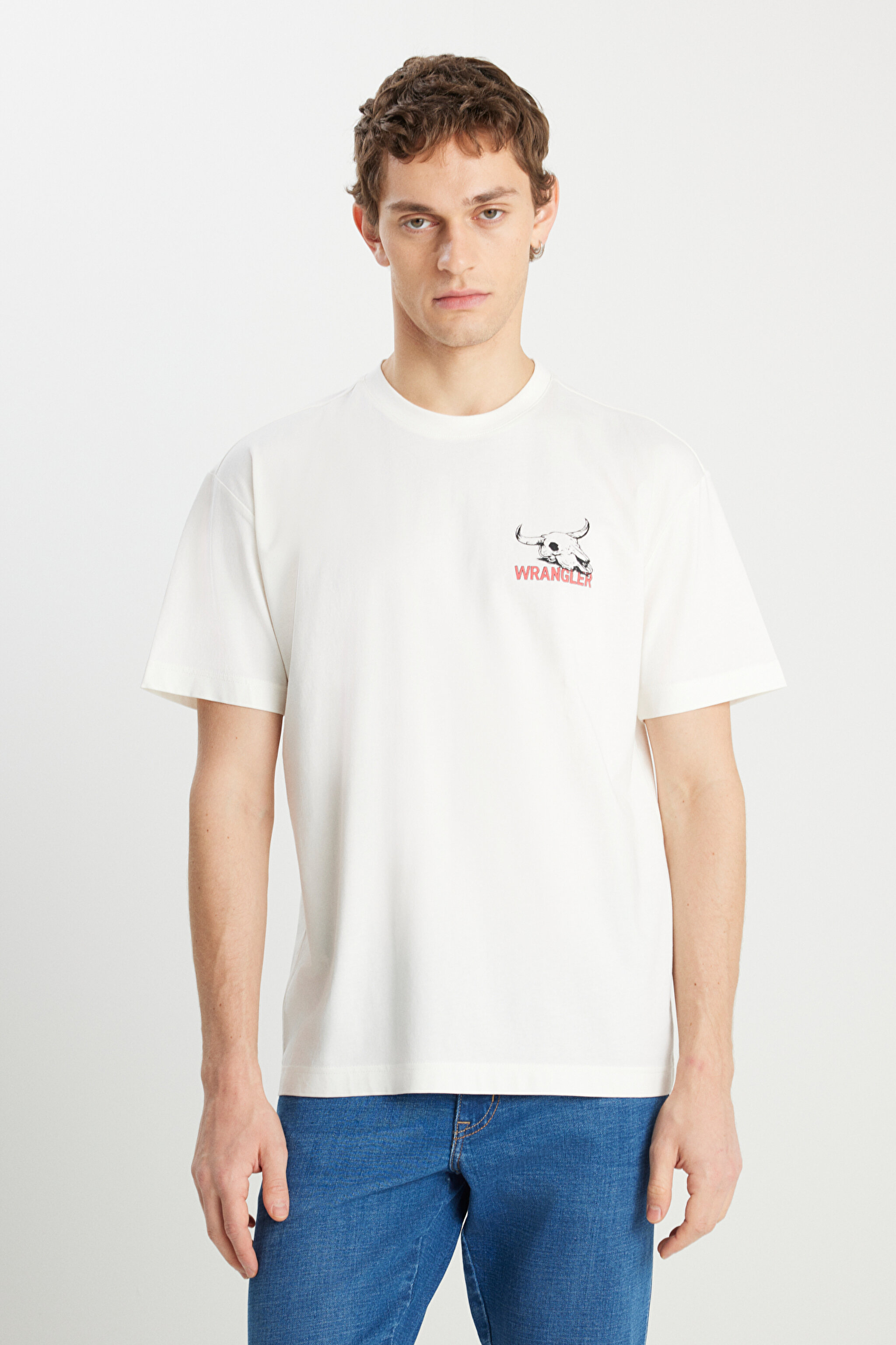 %100 Pamuk Relaxed Fit Geniş Kesim Bisiklet Yaka Kırık Beyaz Tişört - Off White-W2510531102