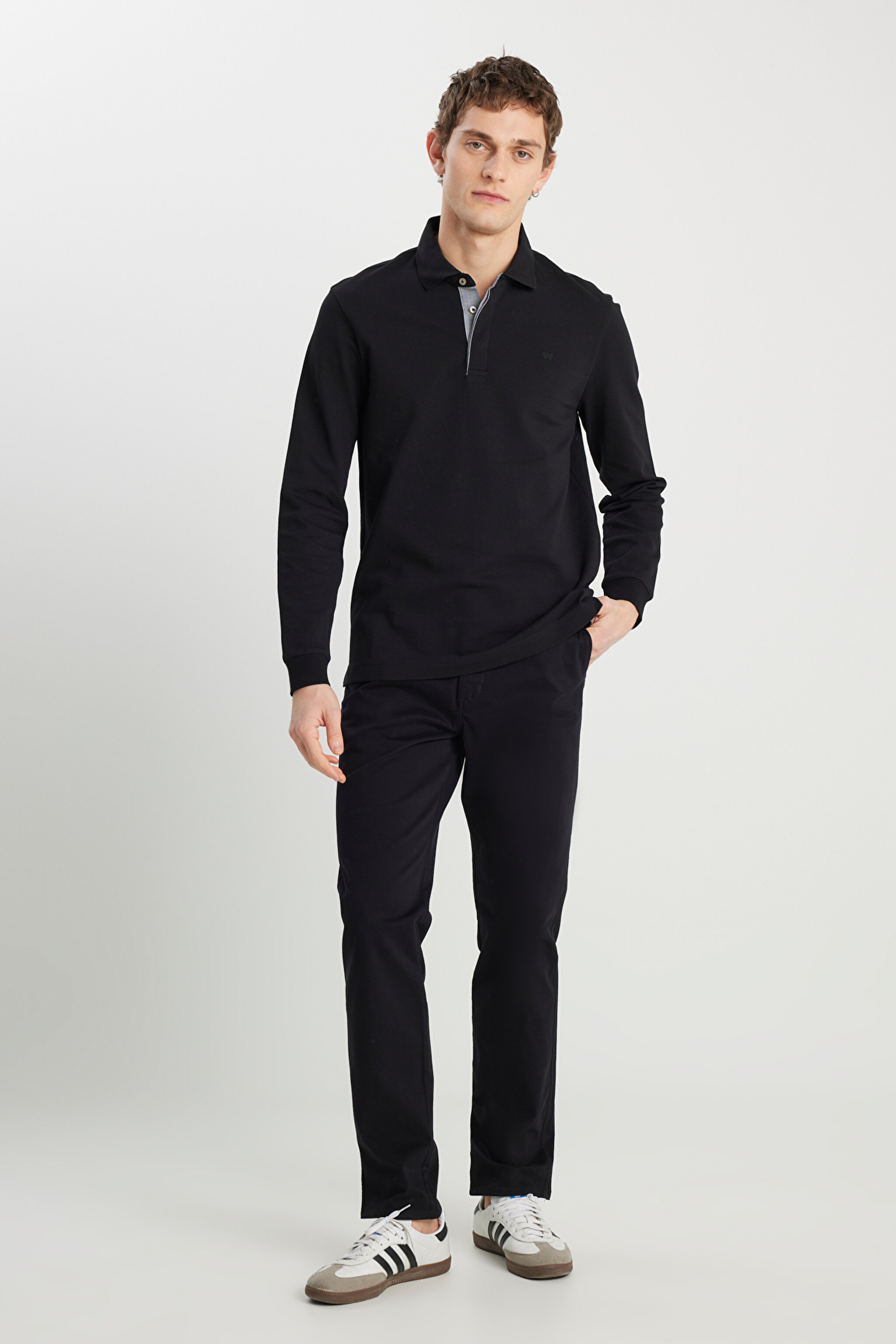 Regular Fit Normal Kesim Uzun Kollu Pamuklu Siyah Polo Yaka Tişört - Black-W2510683001 (görsel 3)