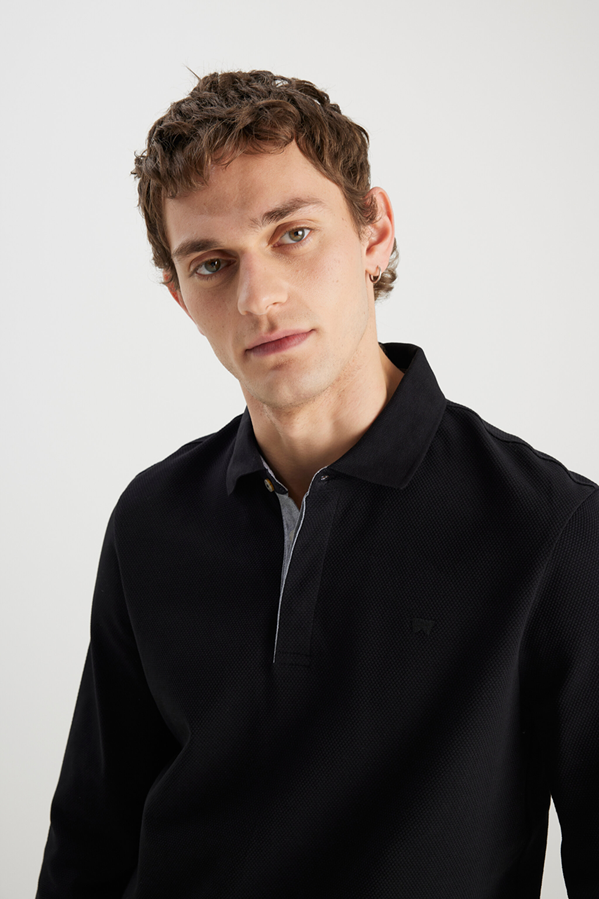 Regular Fit Normal Kesim Uzun Kollu Pamuklu Siyah Polo Yaka Tişört - Black-W2510683001 (görsel 4)