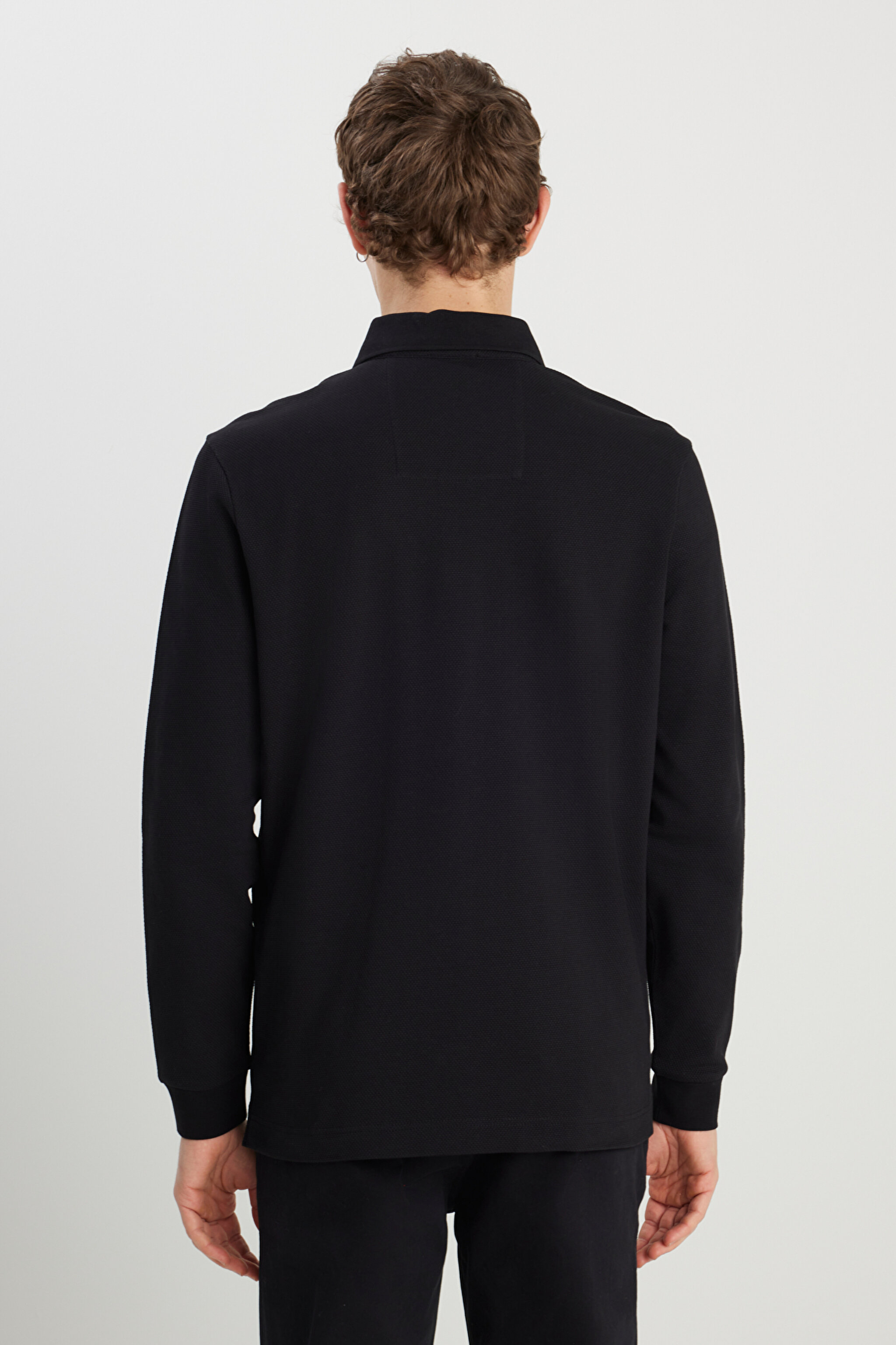 Regular Fit Normal Kesim Uzun Kollu Pamuklu Siyah Polo Yaka Tişört - Black-W2510683001 (görsel 5)