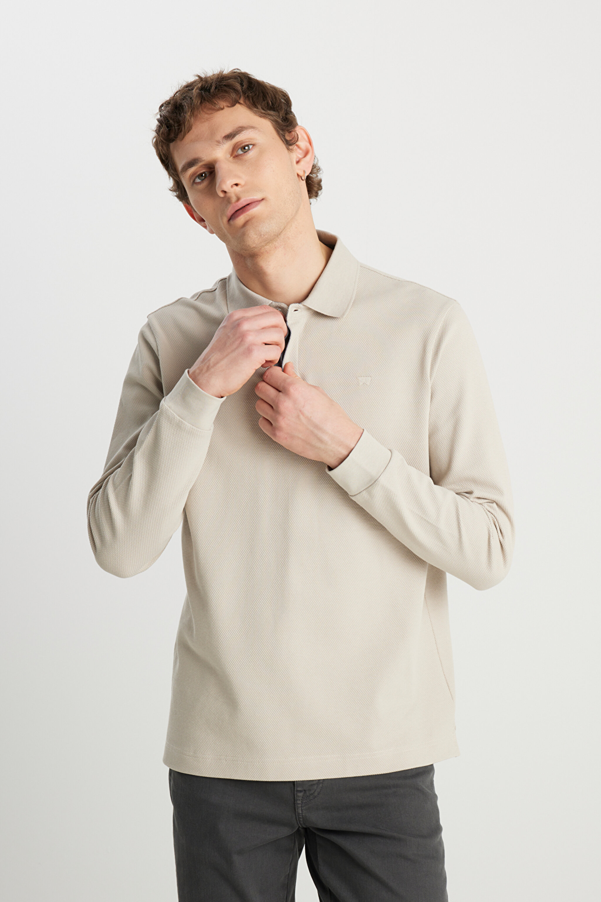 Regular Fit Normal Kesim Uzun Kollu Pamuklu Taş Rengi Polo Yaka Tişört