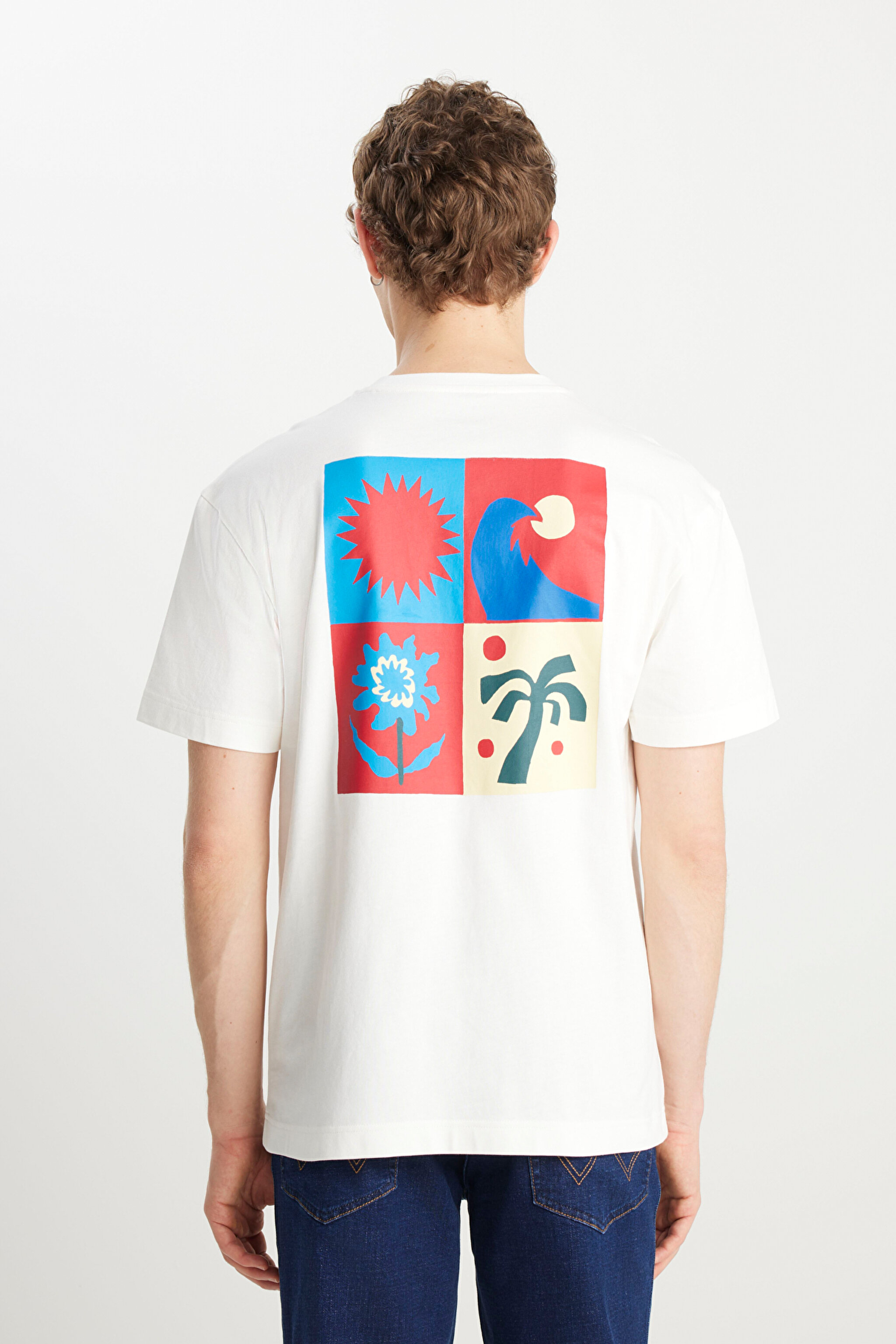 %100 Pamuk Relaxed Fit Geniş Kesim Bisiklet Yaka Ekru Tişört - Off White-W2510719102 (görsel 5)