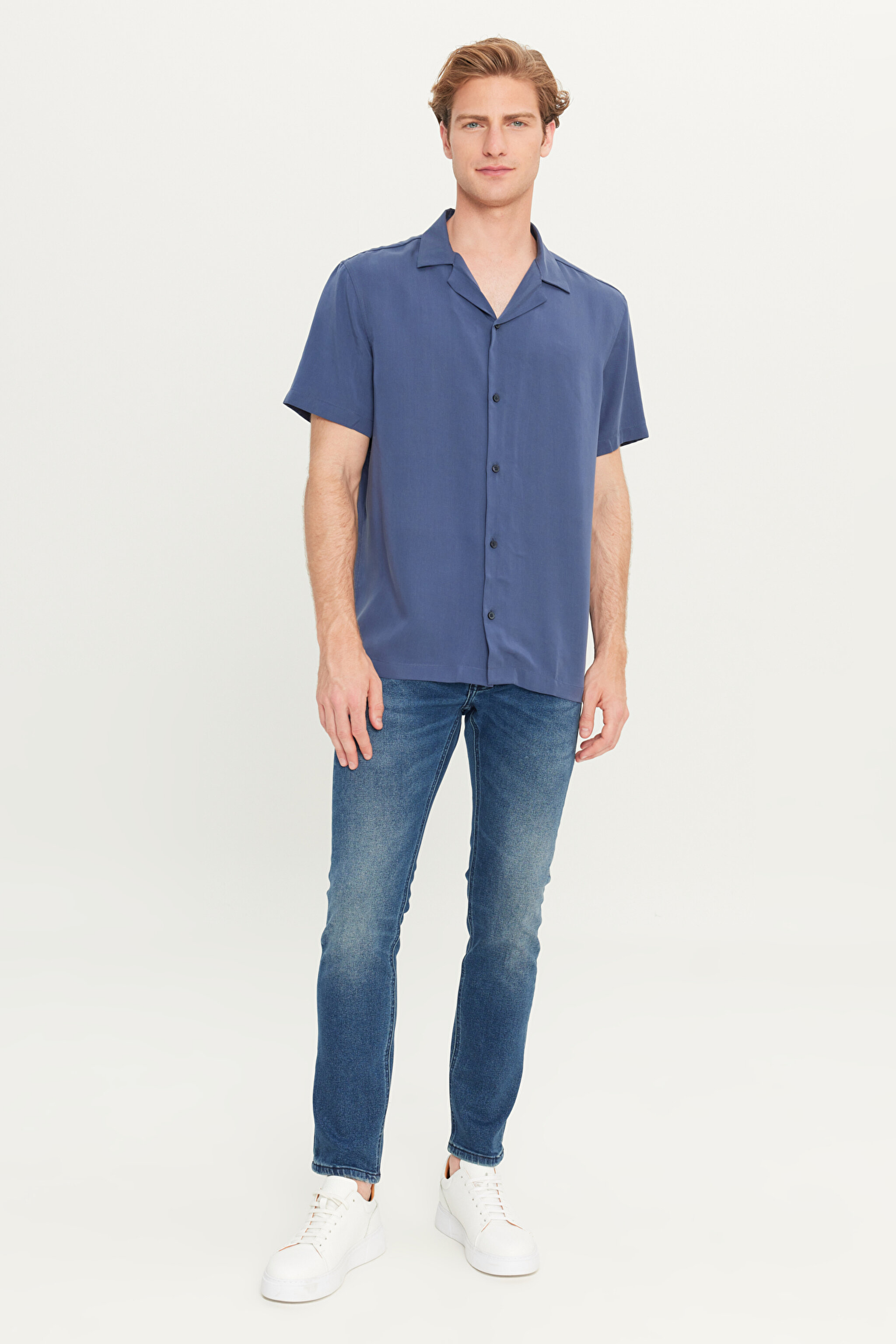 Relaxed Fit Geniş Kesim Yumuşak Dokulu Lacivert Gömlek - Navy-W2510722410 (görsel 4)