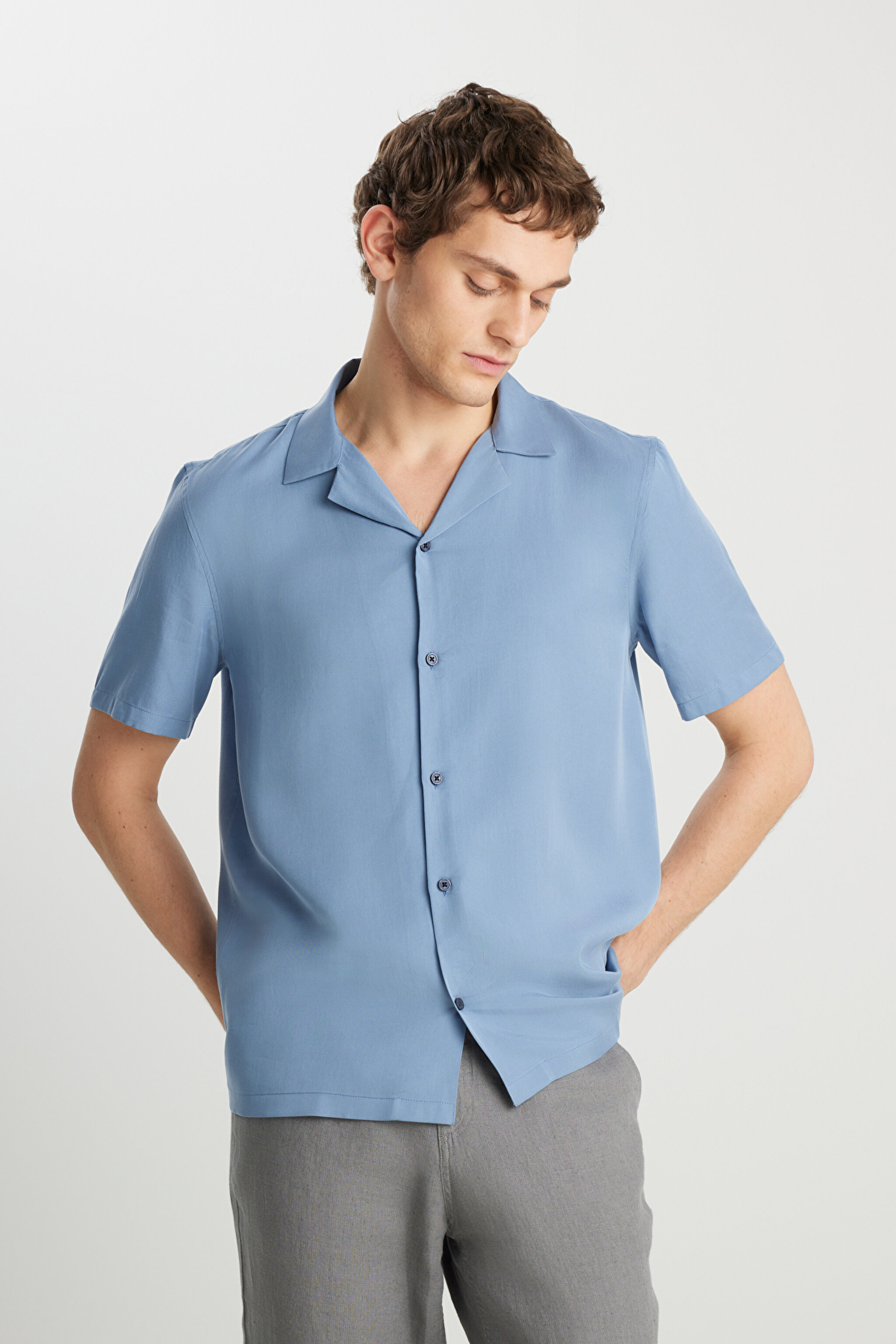 Relaxed Fit Geniş Kesim Yumuşak Dokulu Mavi Gömlek - İndigo-W2510722TF (görsel 2)