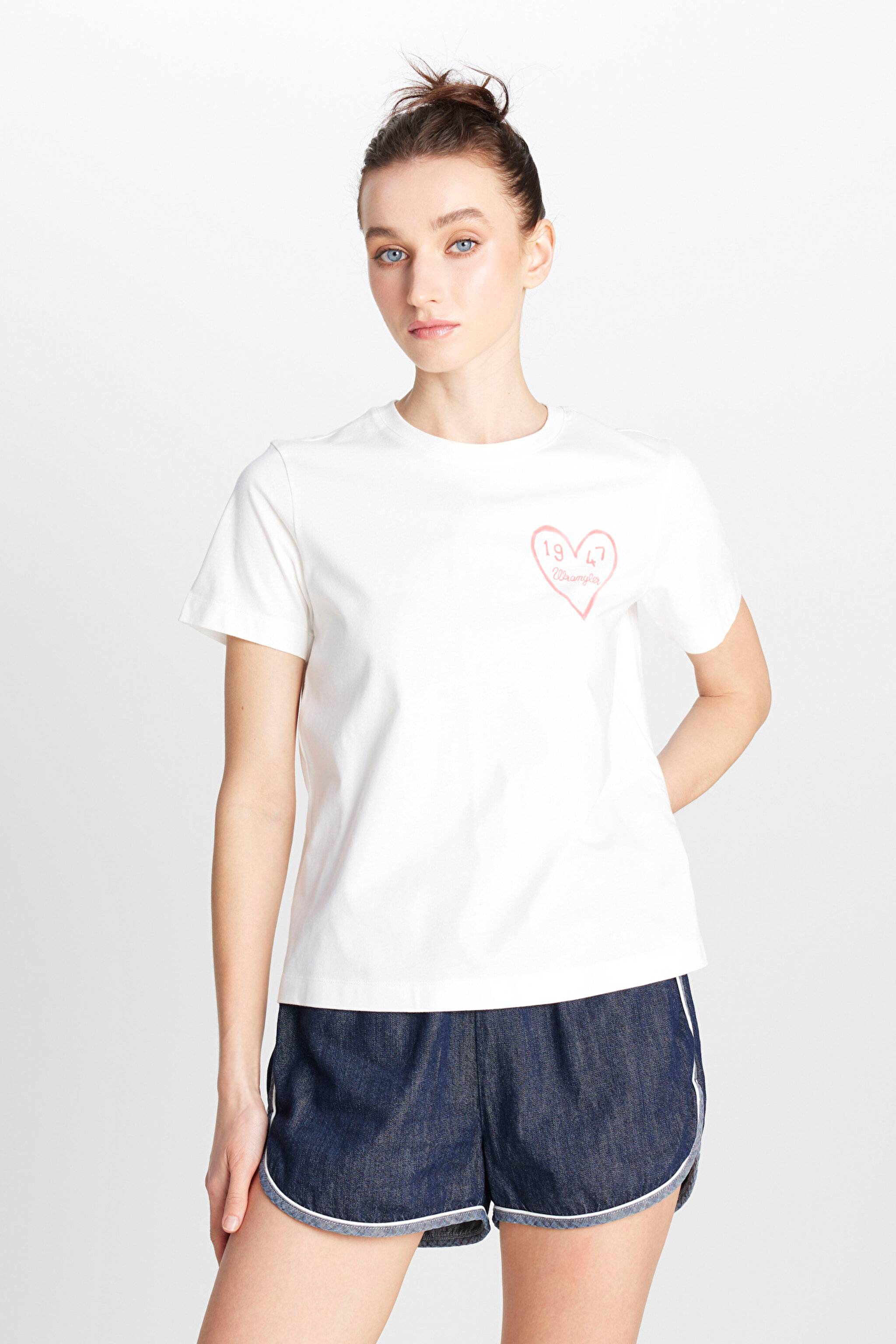 %100 Pamuk Regular Fit Normal Kesim Bisiklet Yaka Grafik Baskılı Ekru Tişört - Ecru-W2510732104 (görsel 2)