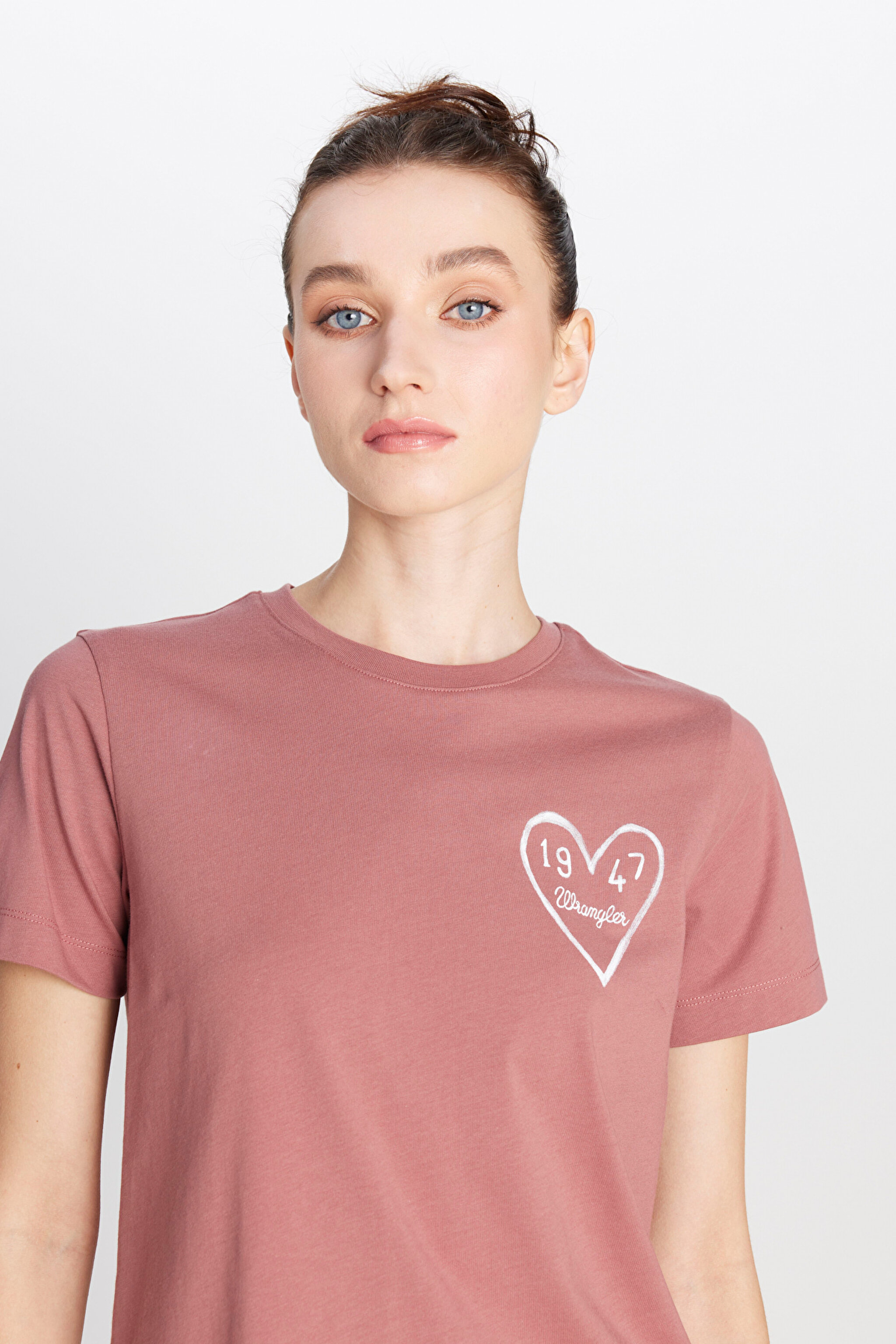 %100 Pamuk Regular Fit Normal Kesim Bisiklet Yaka Grafik Baskılı Gül Kurusu Tişört - Henna-W2510732522 (görsel 4)