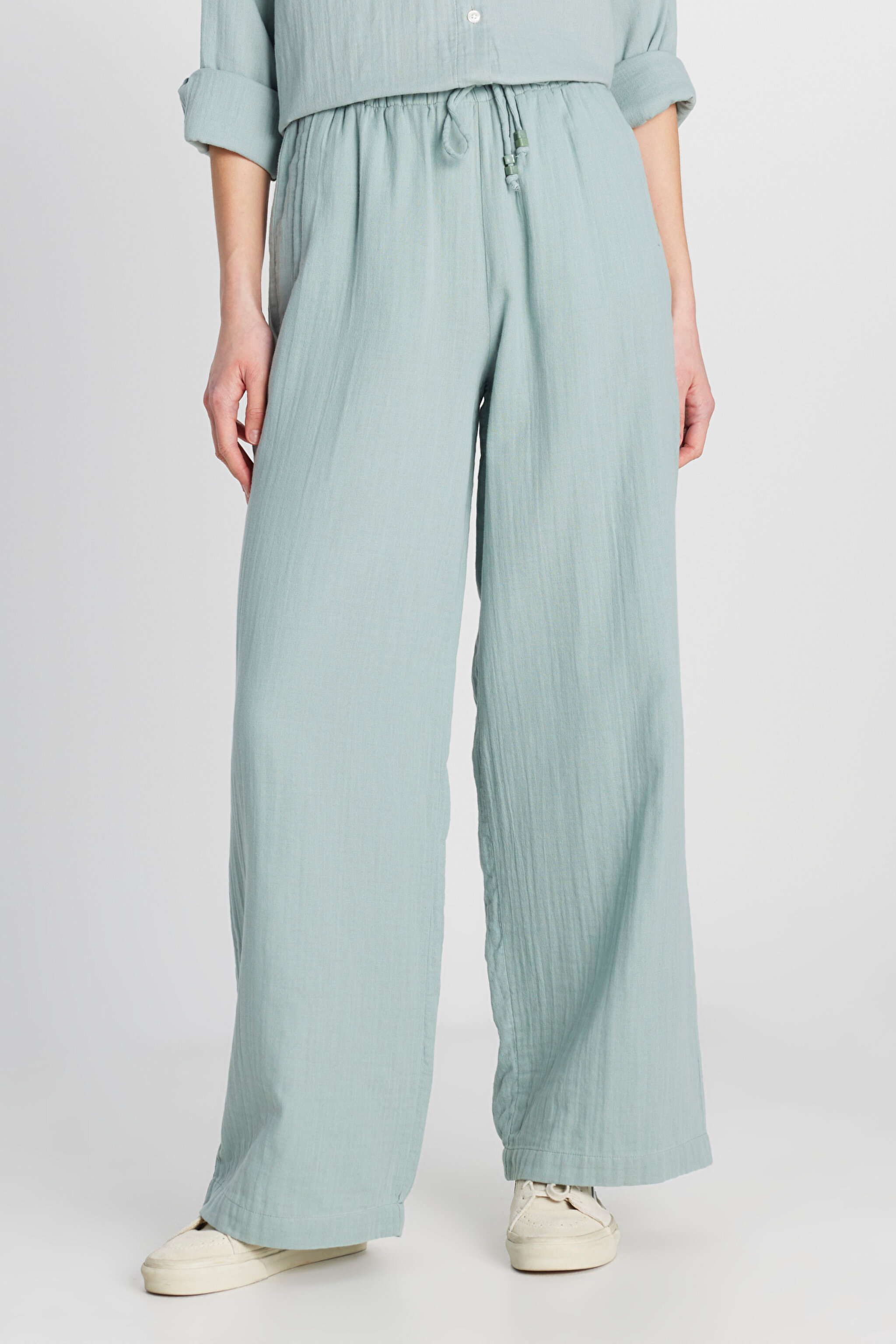 %100 Pamuk Regular Fit Normal Kesim Yüksek Bel Geniş Paça Müslin Desenli Yeşil Pantolon - Dark Green-W2510733826 (görsel 3)