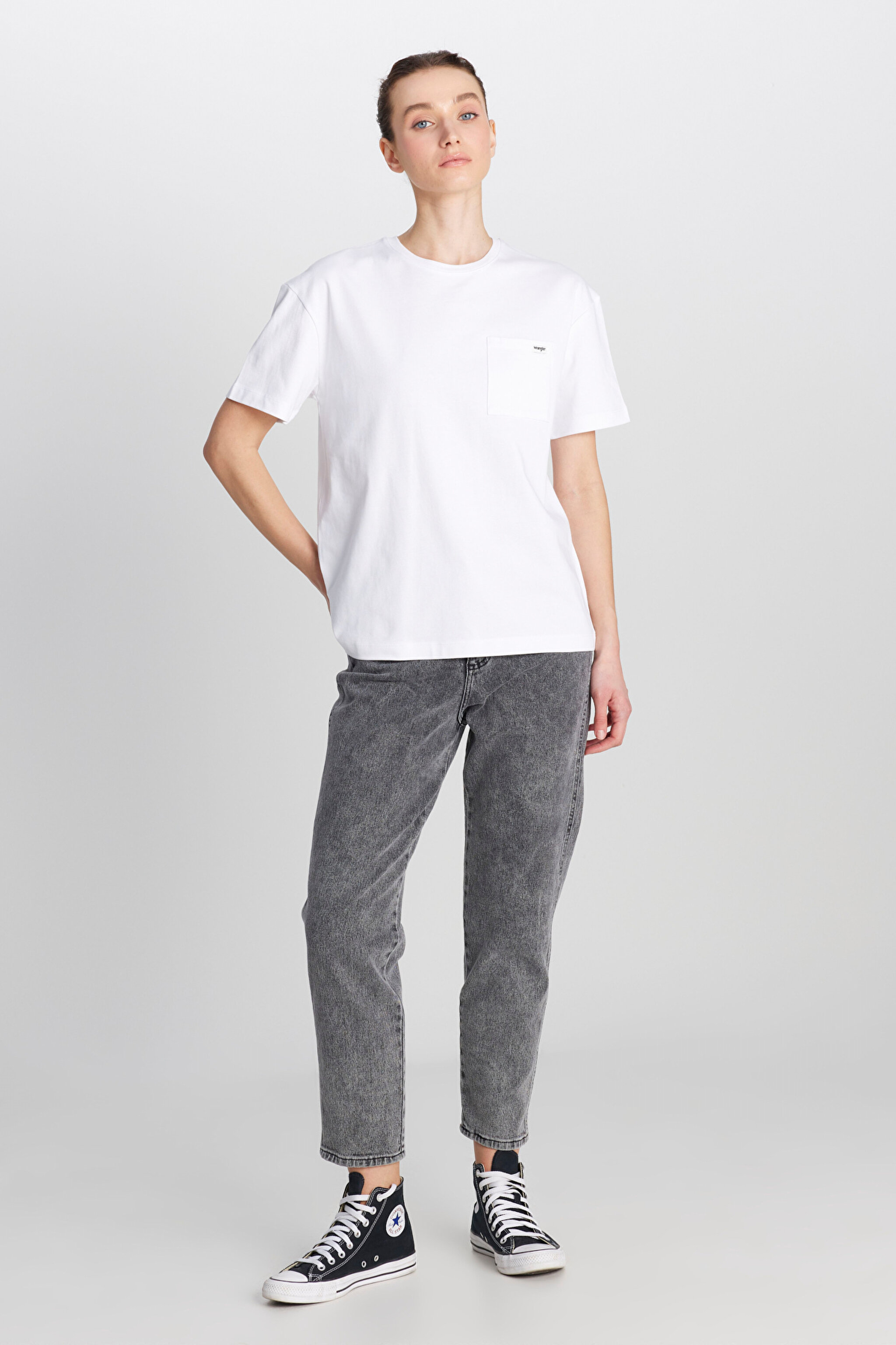 %100 Pamuk Regular Fit Normal Kesim Bisiklet Yaka Cep Detaylı Kırık Beyaz Tişört - Off White-W2510736102 (görsel 3)