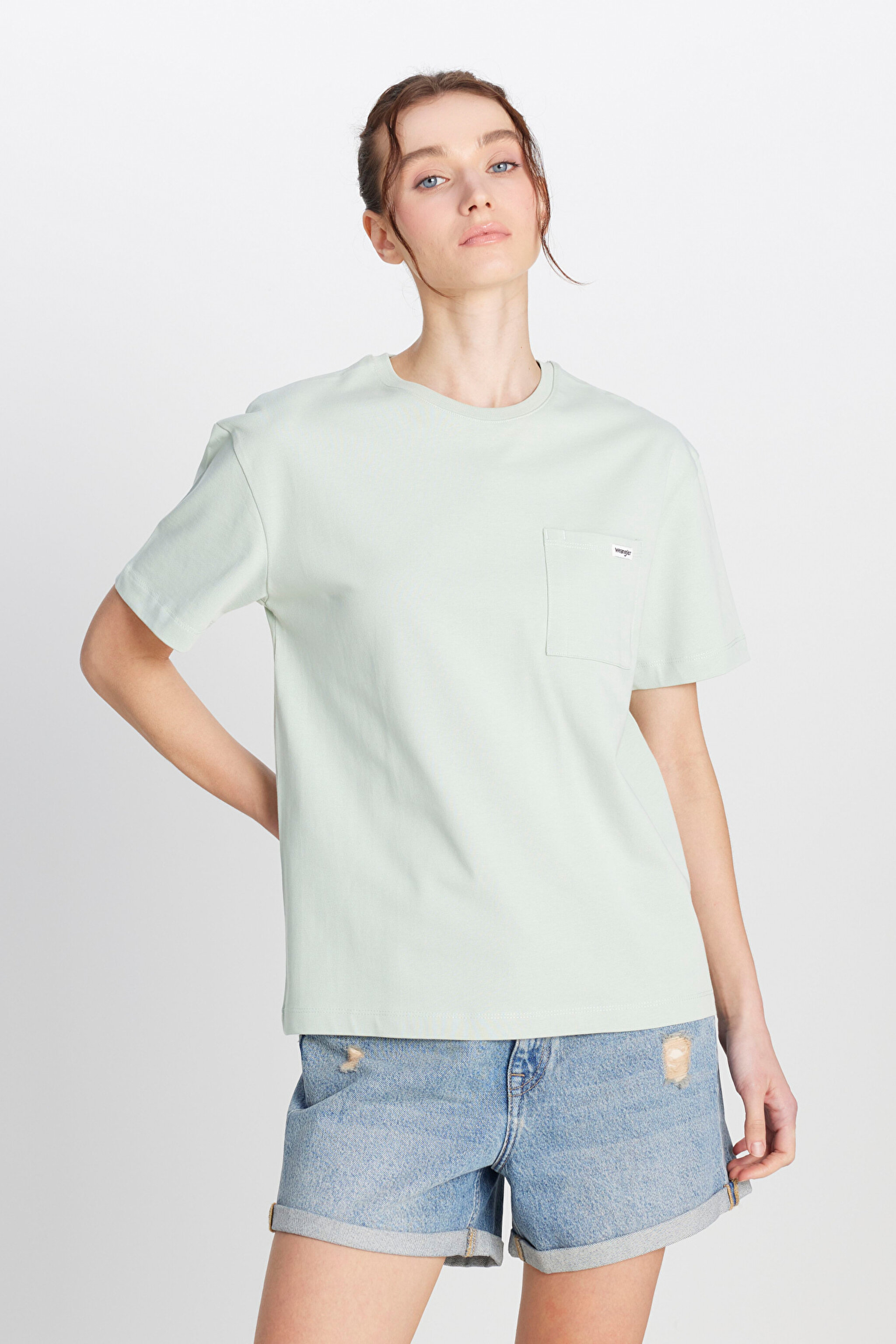 %100 Pamuk Regular Fit Normal Kesim Bisiklet Yaka Cep Detaylı Açıık Yeşil Tişört - SoftSage-W251073641