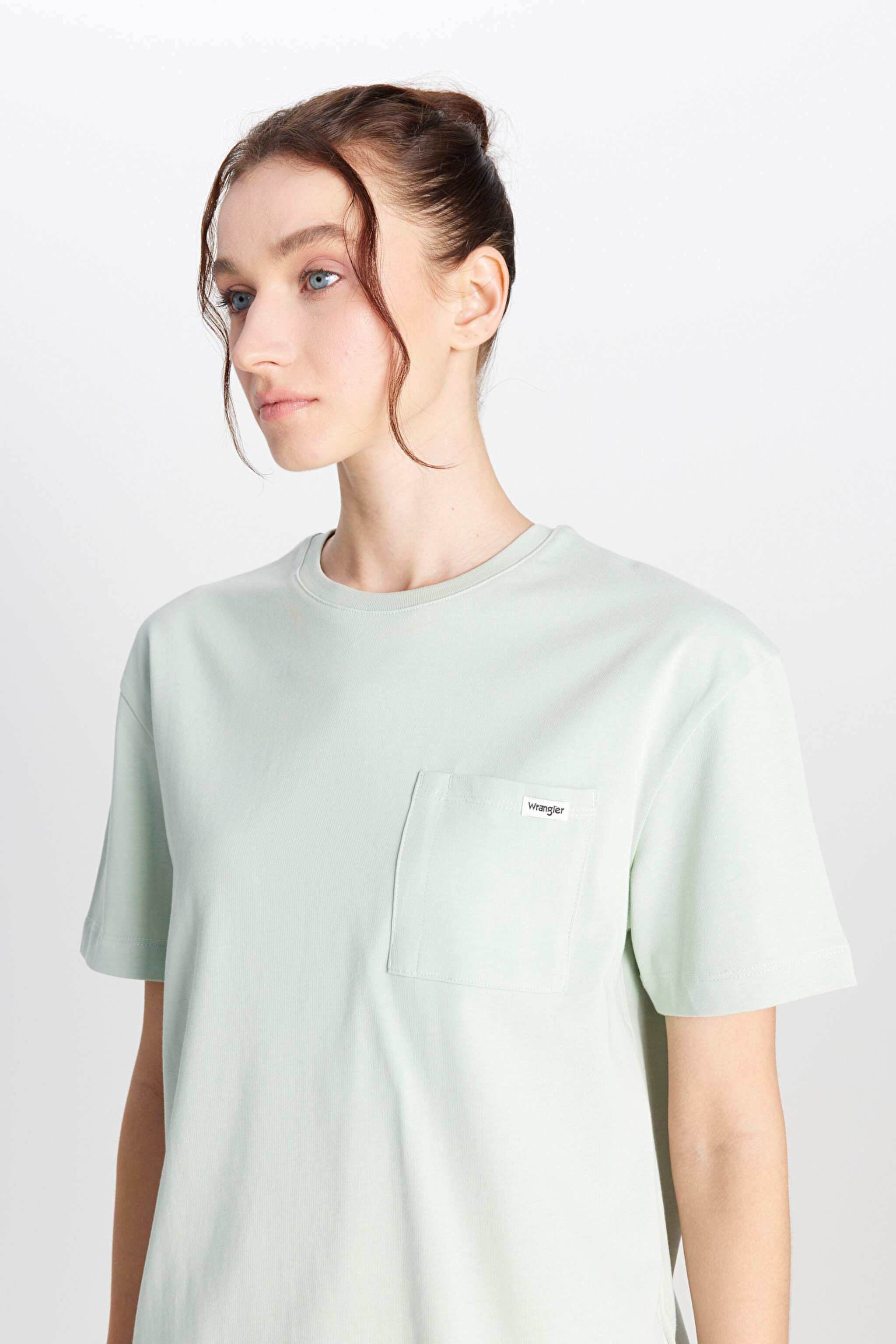 %100 Pamuk Regular Fit Normal Kesim Bisiklet Yaka Cep Detaylı Açıık Yeşil Tişört - SoftSage-W251073641 (görsel 4)