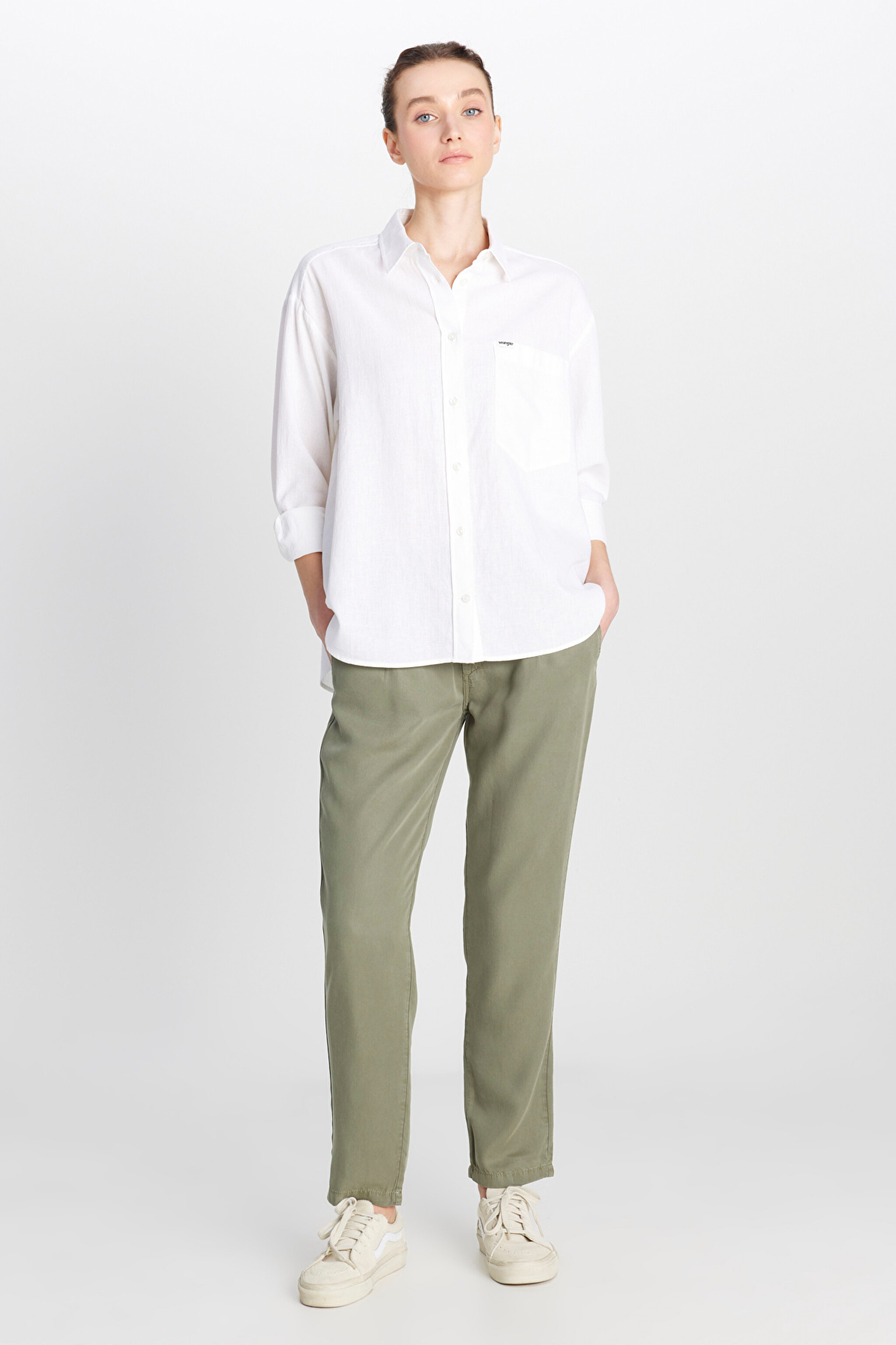 Relaxed Fit Geniş Kesim Keten Karışımlı Beyaz Gömlek - White-W2510738100 (görsel 3)