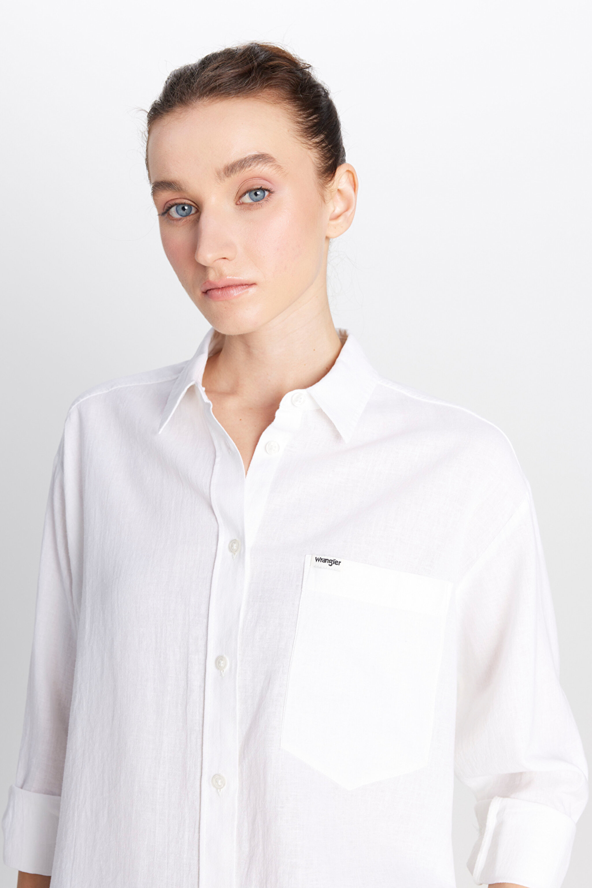 Relaxed Fit Geniş Kesim Keten Karışımlı Beyaz Gömlek - White-W2510738100 (görsel 4)