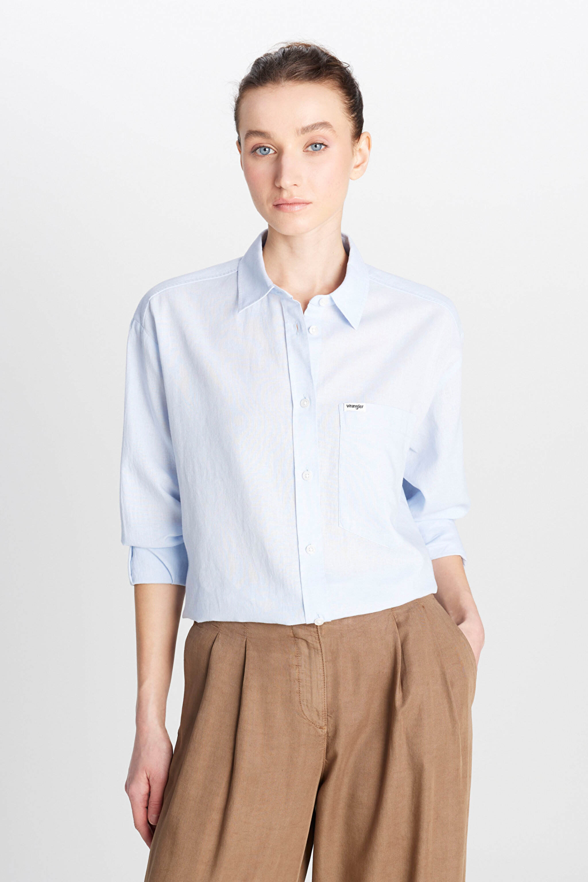 Relaxed Fit Geniş Kesim Uzun Kollu Keten Karışımlı Mavi Gömlek