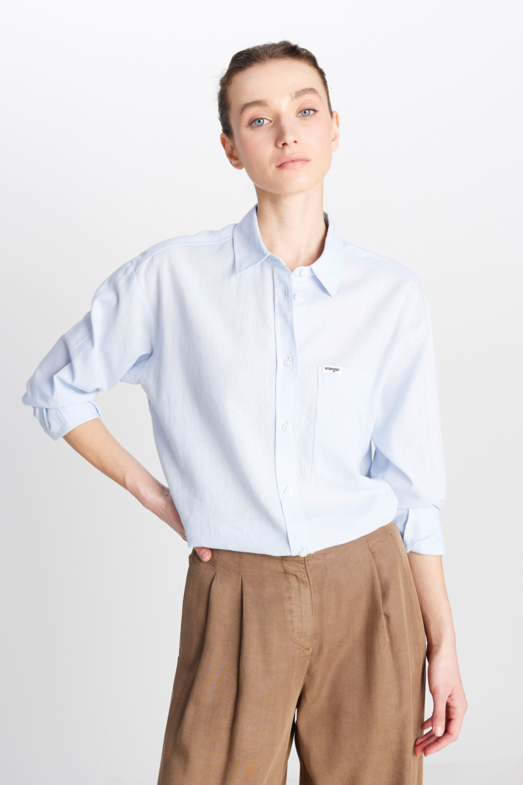 Relaxed Fit Geniş Kesim Uzun Kollu Keten Karışımlı Mavi Gömlek - Blue-W2510738400 (görsel 2)