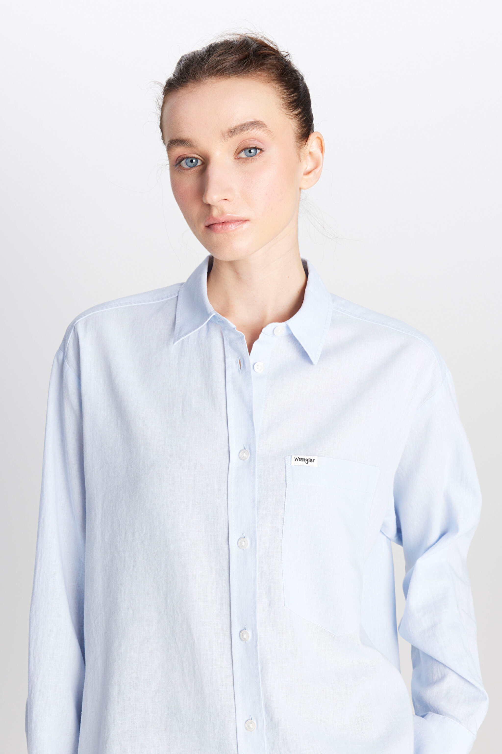 Relaxed Fit Geniş Kesim Uzun Kollu Keten Karışımlı Mavi Gömlek - Blue-W2510738400 (görsel 3)