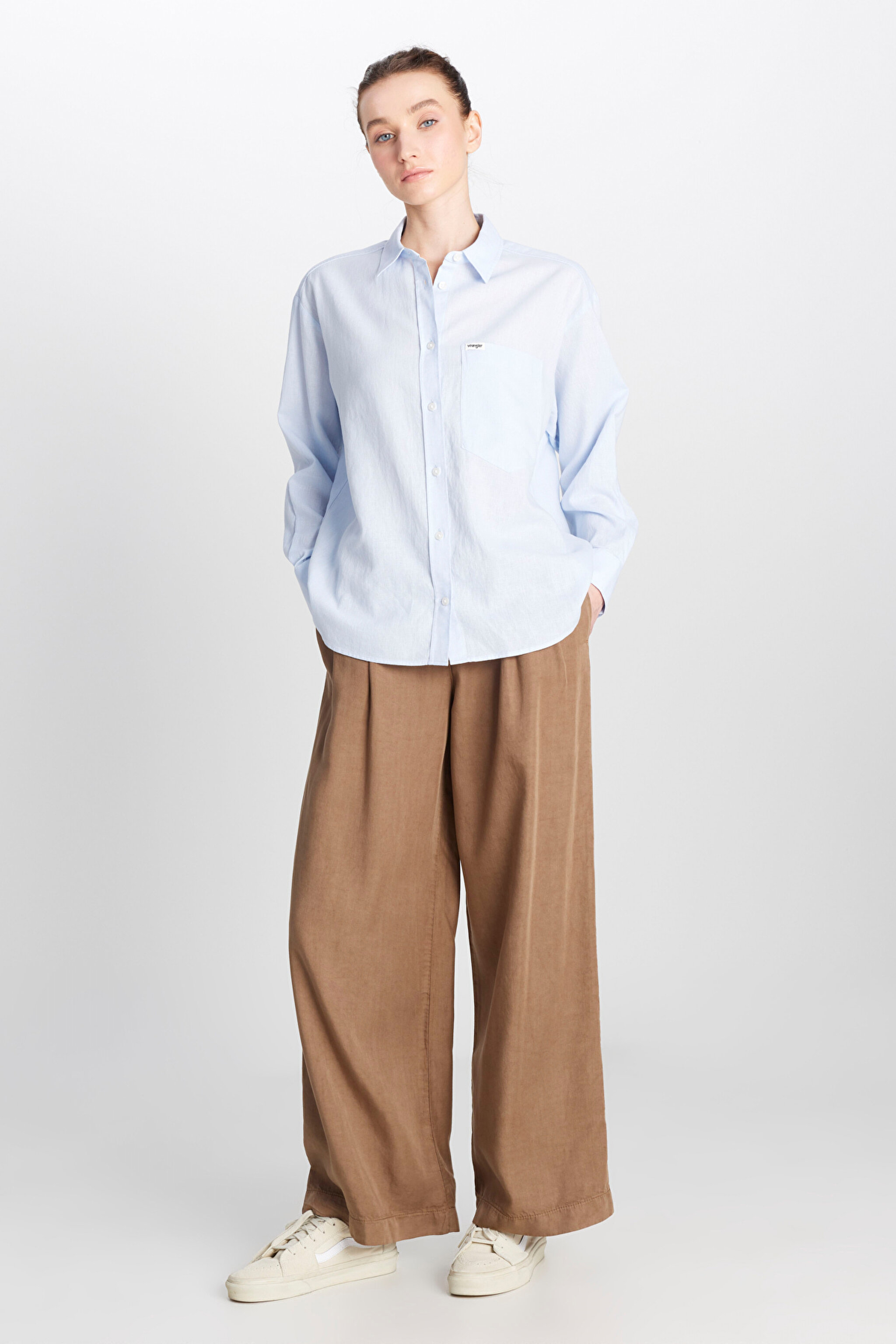 Relaxed Fit Geniş Kesim Uzun Kollu Keten Karışımlı Mavi Gömlek - Blue-W2510738400 (görsel 4)