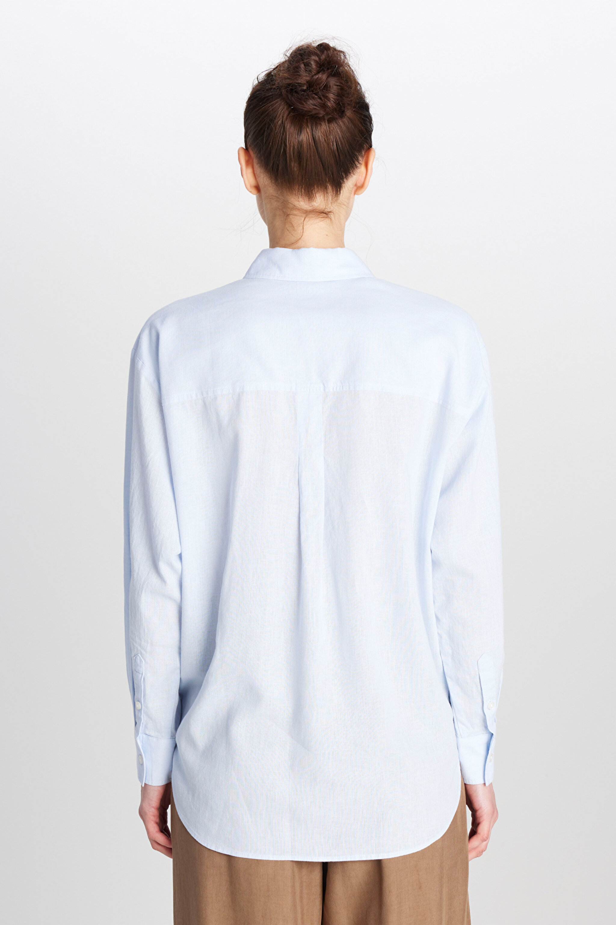 Relaxed Fit Geniş Kesim Uzun Kollu Keten Karışımlı Mavi Gömlek - Blue-W2510738400 (görsel 5)