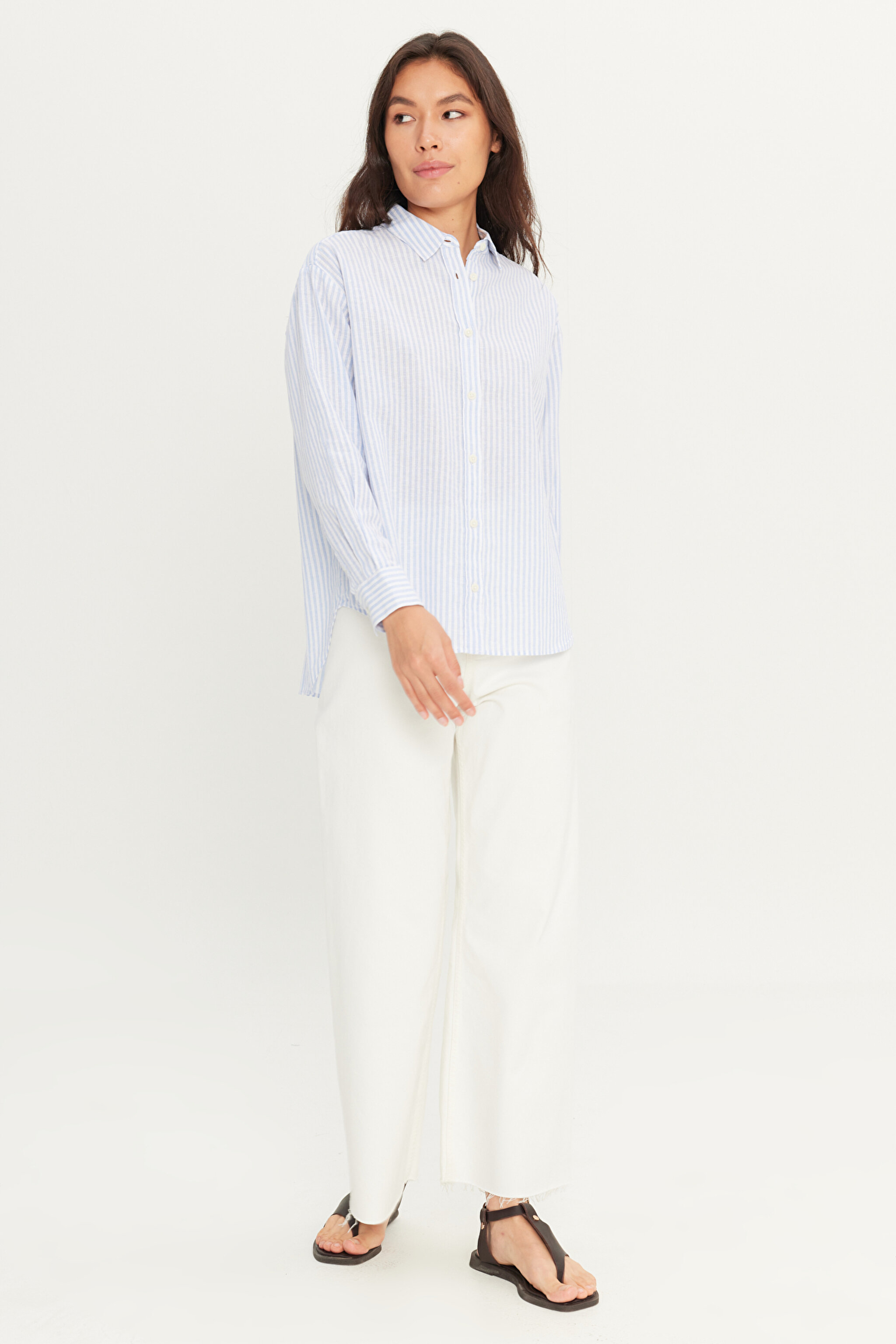 Regular Fit Normal Kesim Keten Karışımlı Çizgili Mavi Gömlek - Blue-W2510744400 (görsel 3)