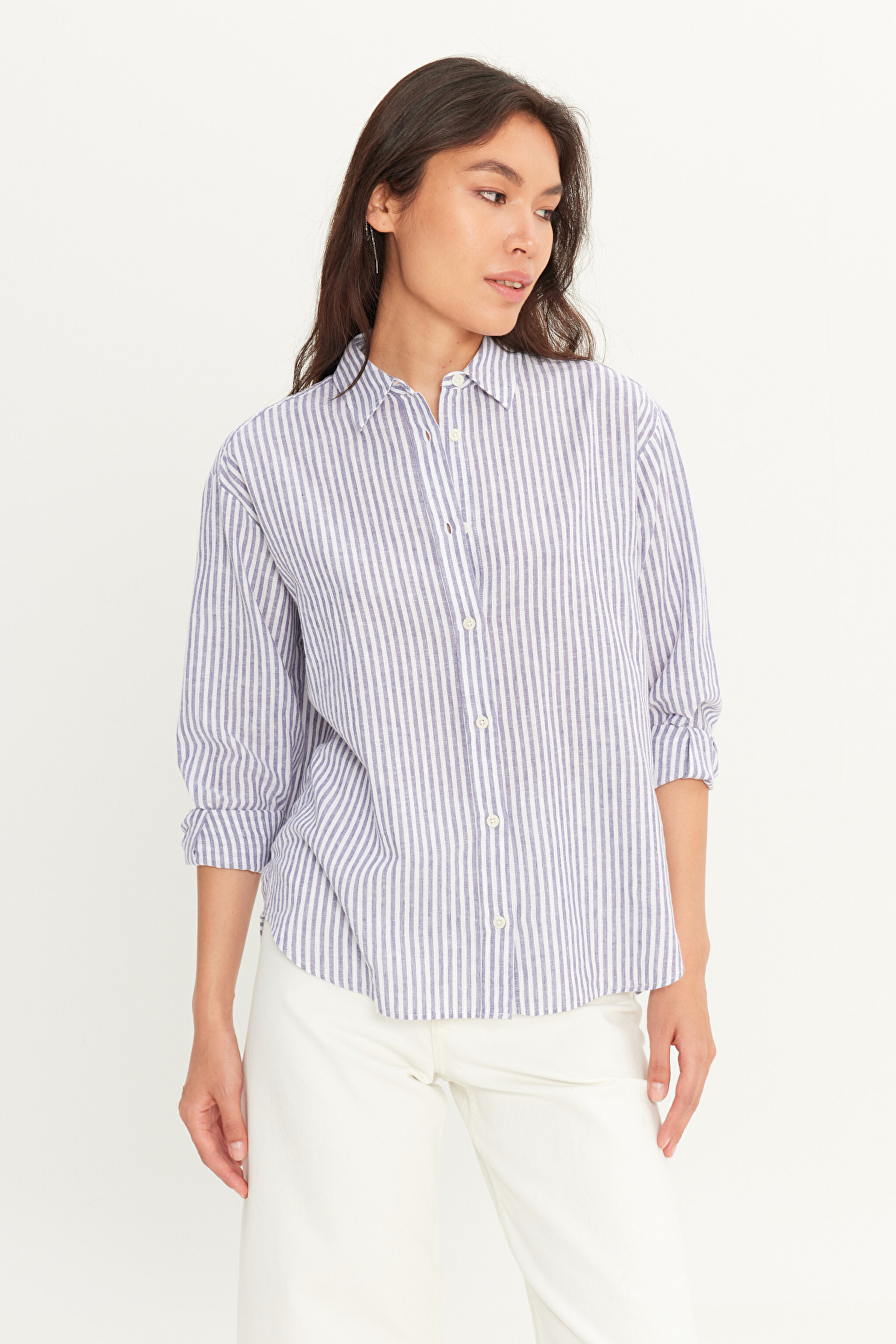 Regular Fit Normal Kesim Keten Karışımlı Çok Renkli Gömlek - Multi-W2510744900 (görsel 2)