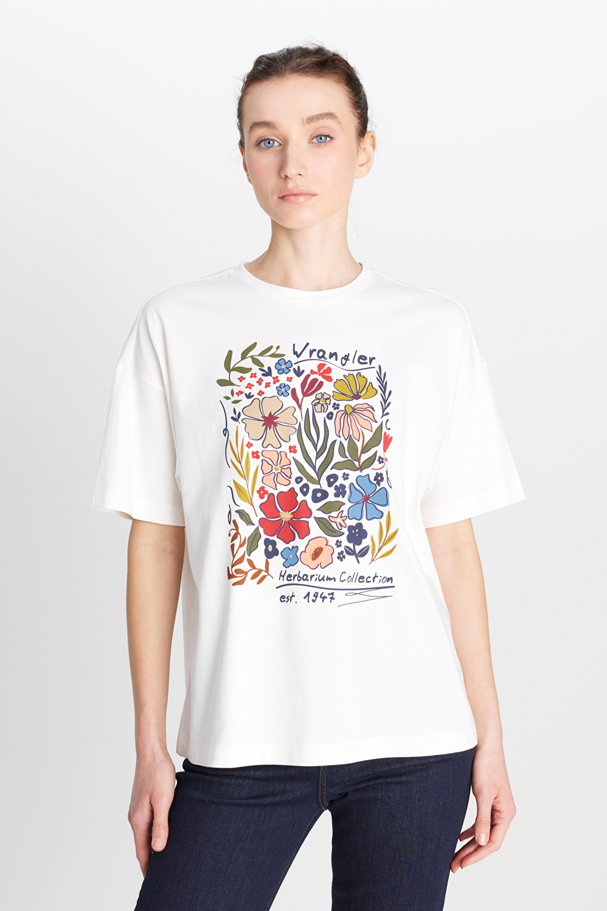 Loose Fit Rahat Kesim Bisiklet Yaka %100 Pamuk Kırık Beyaz Tişört - Off White-W2510753102