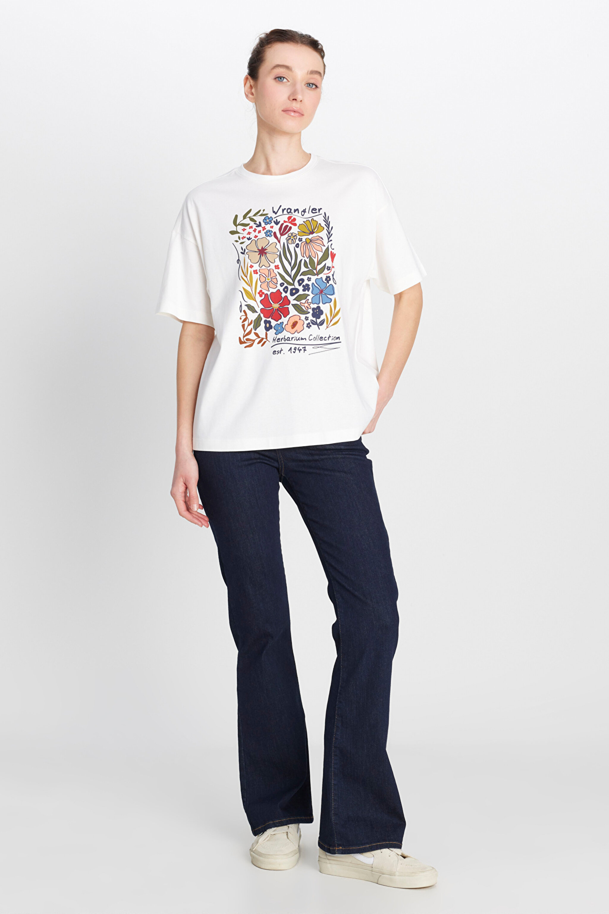 Loose Fit Rahat Kesim Bisiklet Yaka %100 Pamuk Kırık Beyaz Tişört - Off White-W2510753102 (görsel 4)