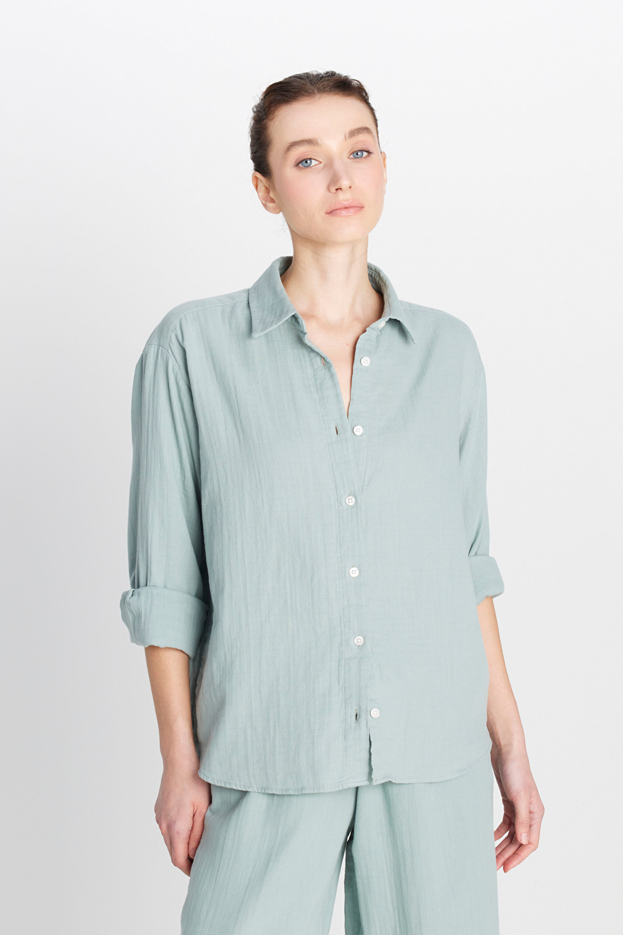 %100 Pamuk Relaxed Fit Geniş Kesim Koyu Yeşil Müslin Gömlek - Dark Green-W2510783826