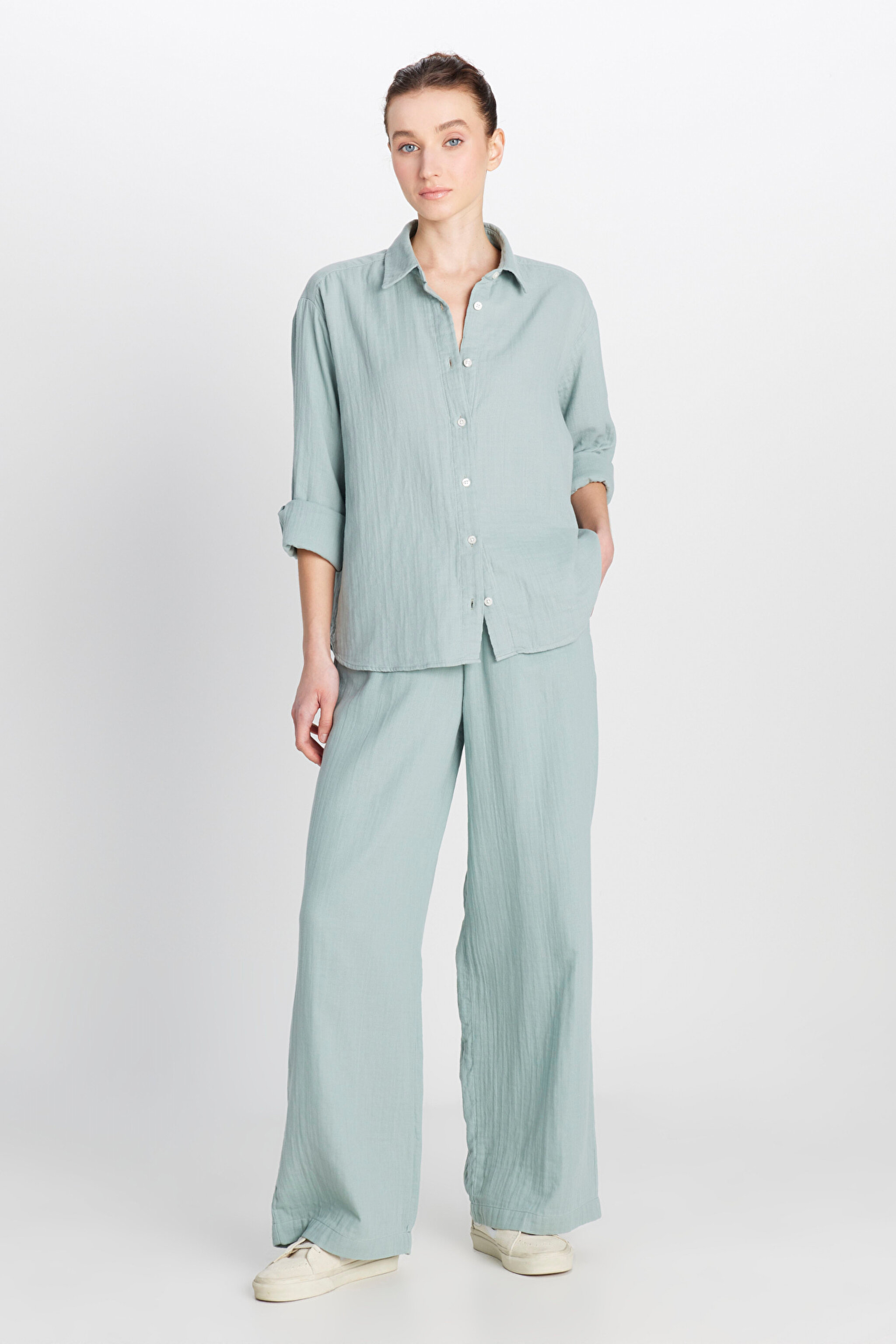 %100 Pamuk Relaxed Fit Geniş Kesim Koyu Yeşil Müslin Gömlek - Dark Green-W2510783826 (görsel 3)
