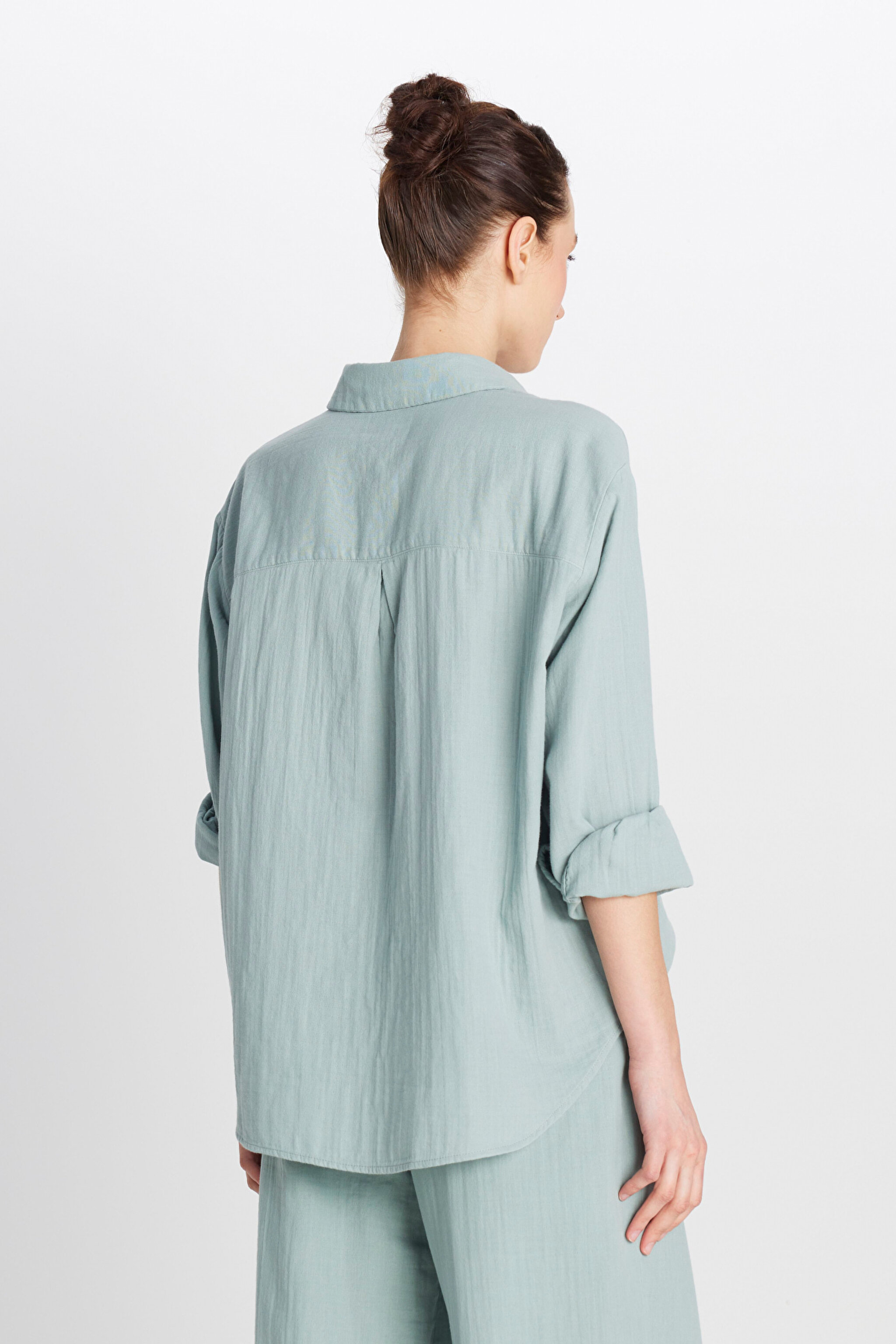 %100 Pamuk Relaxed Fit Geniş Kesim Koyu Yeşil Müslin Gömlek - Dark Green-W2510783826 (görsel 5)