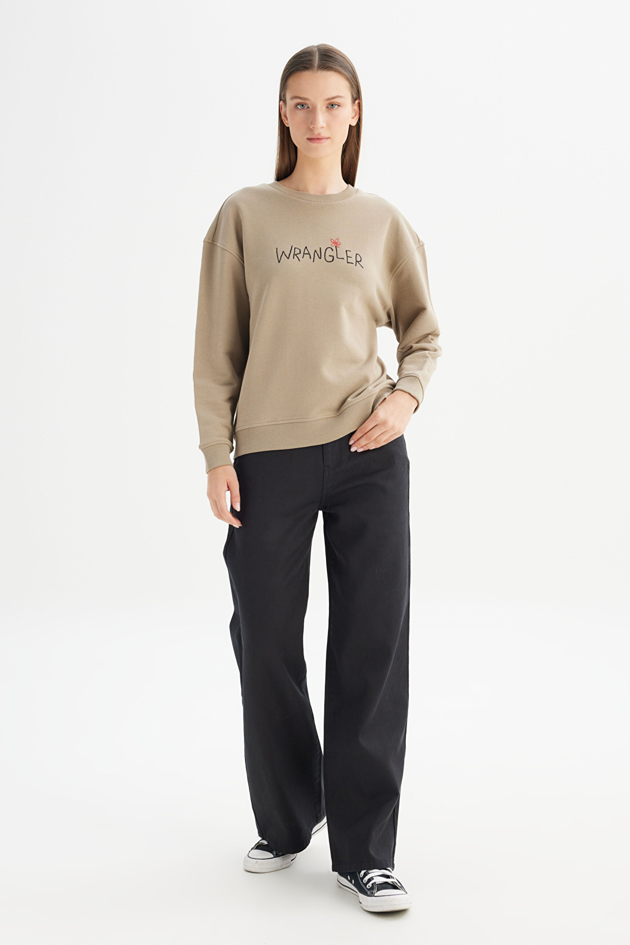 %100 Pamuk Relaxed Fit Geniş Bisiklet Yaka Bej Big Logo Sweatshirt - Beige-W2520094614 (görsel 2)