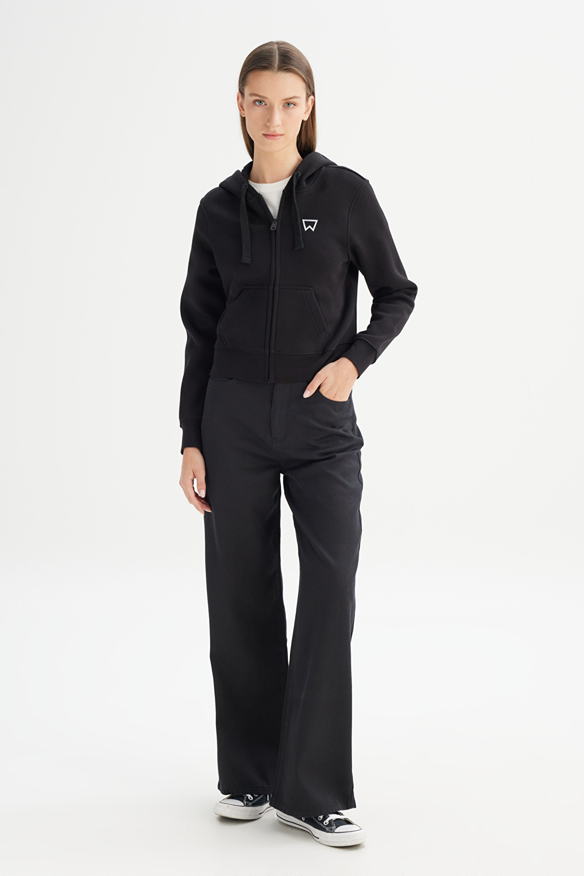 Regular Fit Normal Kesim Kapüşonlu İçi Polarlı Fermuarlı Siyah Sweatshirt Ceket - Black-W2520095001 (görsel 2)