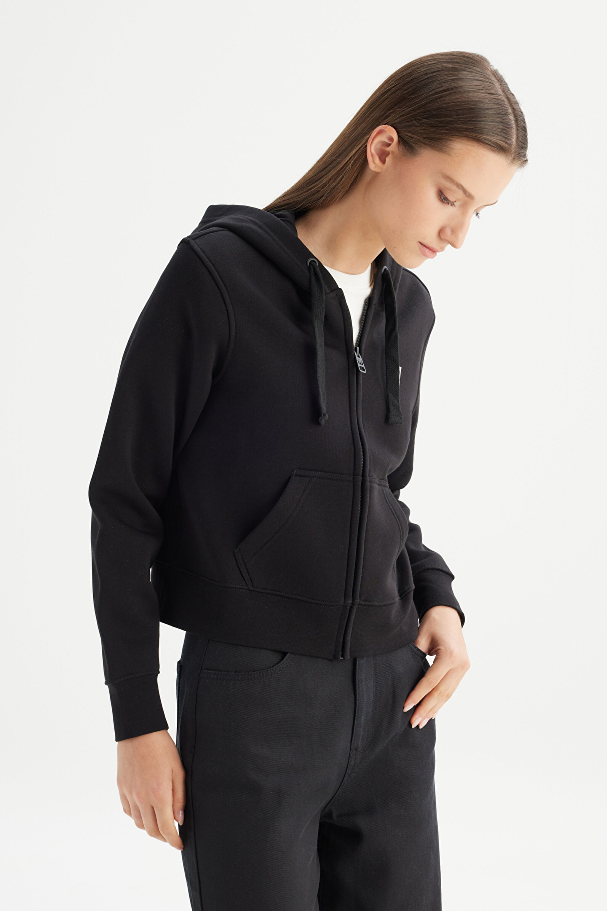 Regular Fit Normal Kesim Kapüşonlu İçi Polarlı Fermuarlı Siyah Sweatshirt Ceket - Black-W2520095001 (görsel 3)