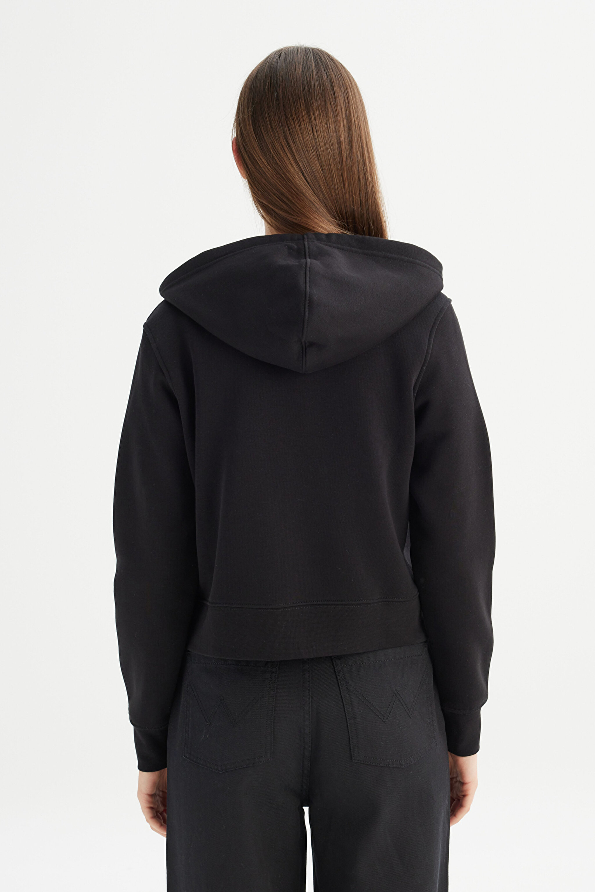 Regular Fit Normal Kesim Kapüşonlu İçi Polarlı Fermuarlı Siyah Sweatshirt Ceket - Black-W2520095001 (görsel 5)