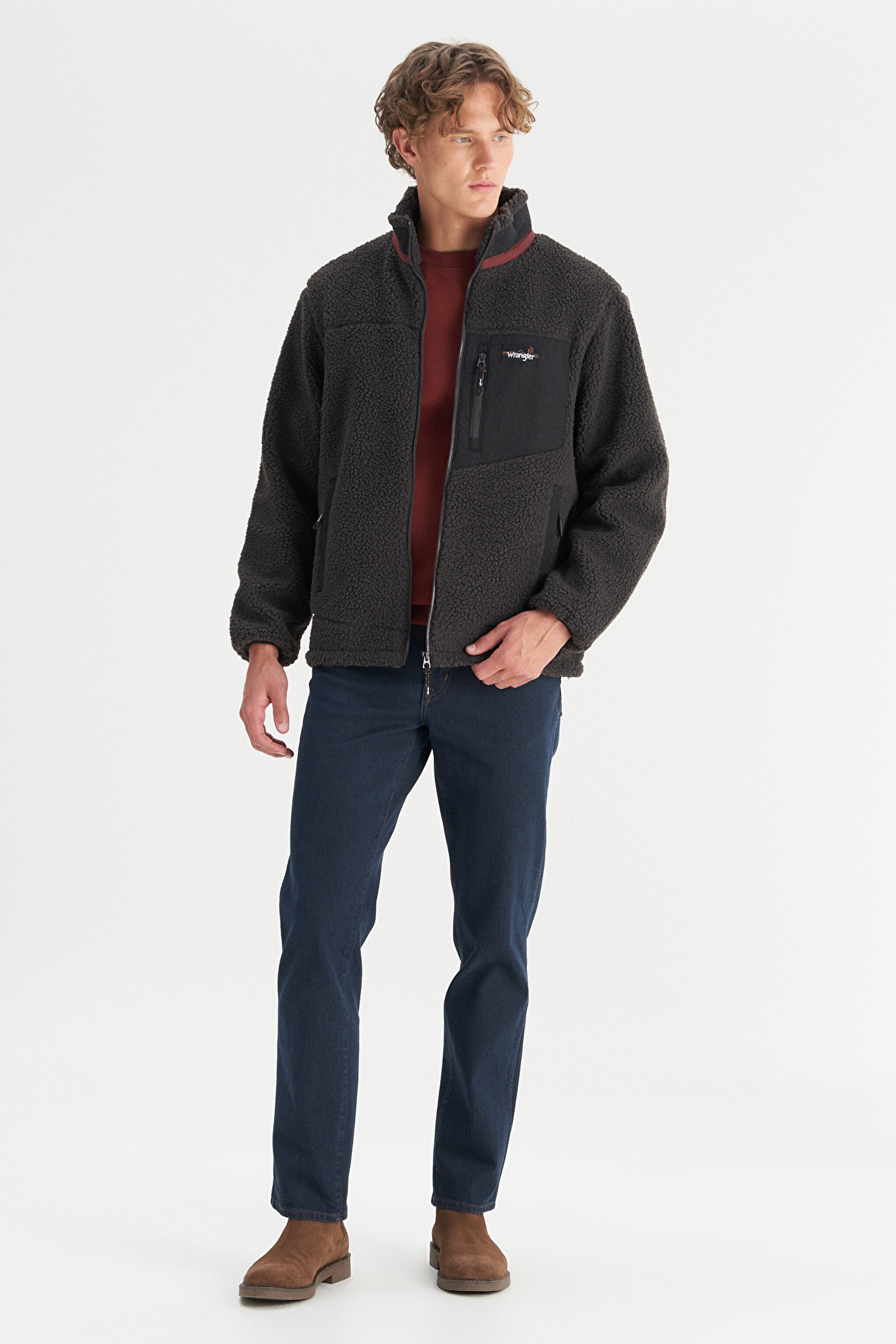 Regular Fit Normal Kesim Dik Yaka Tam Fermuarlı Cepli Sherpa Sweatshirt Polar - Anthracite-W2520142003 (görsel 2)