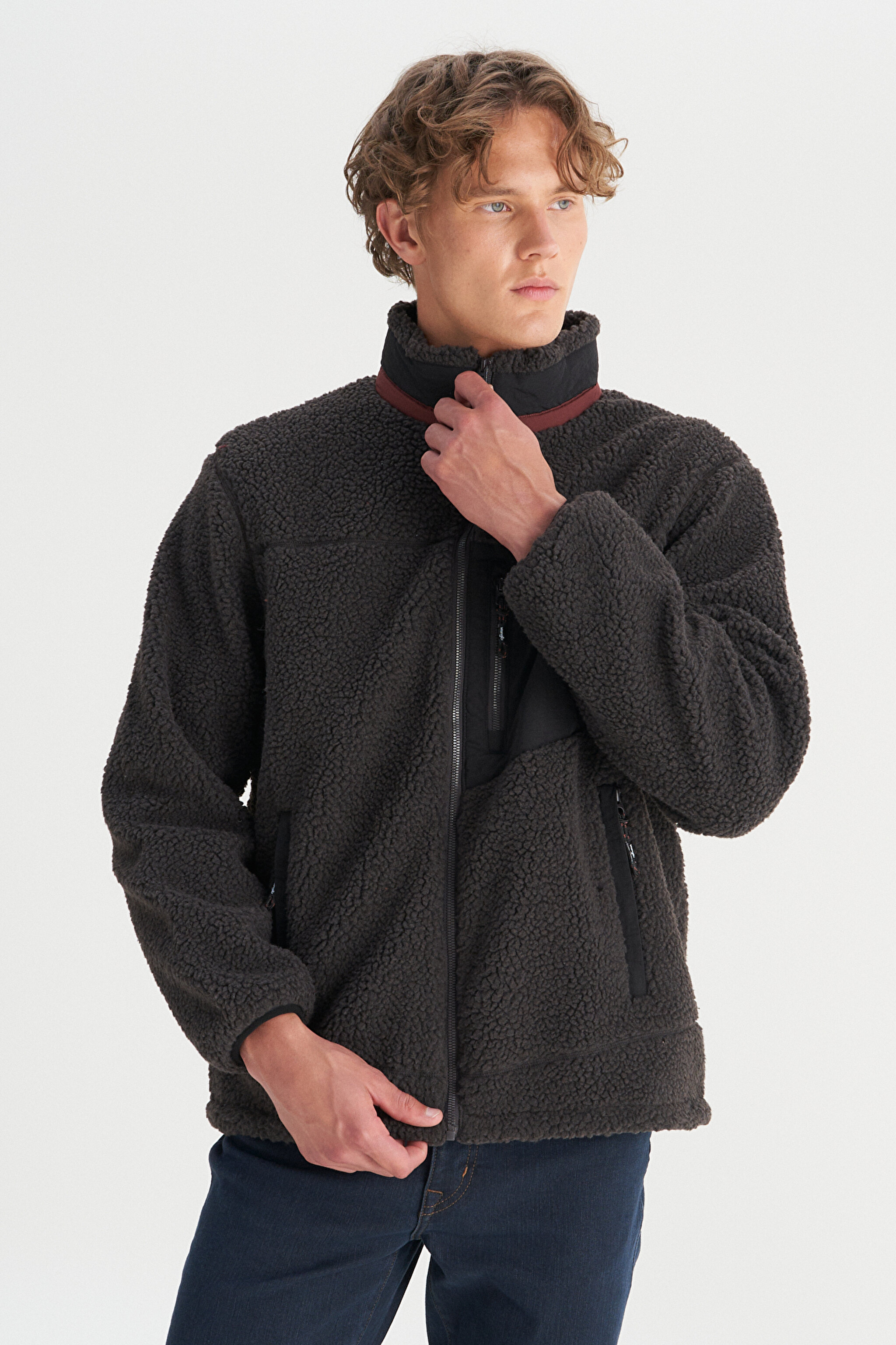 Regular Fit Normal Kesim Dik Yaka Tam Fermuarlı Cepli Sherpa Sweatshirt Polar - Anthracite-W2520142003 (görsel 3)