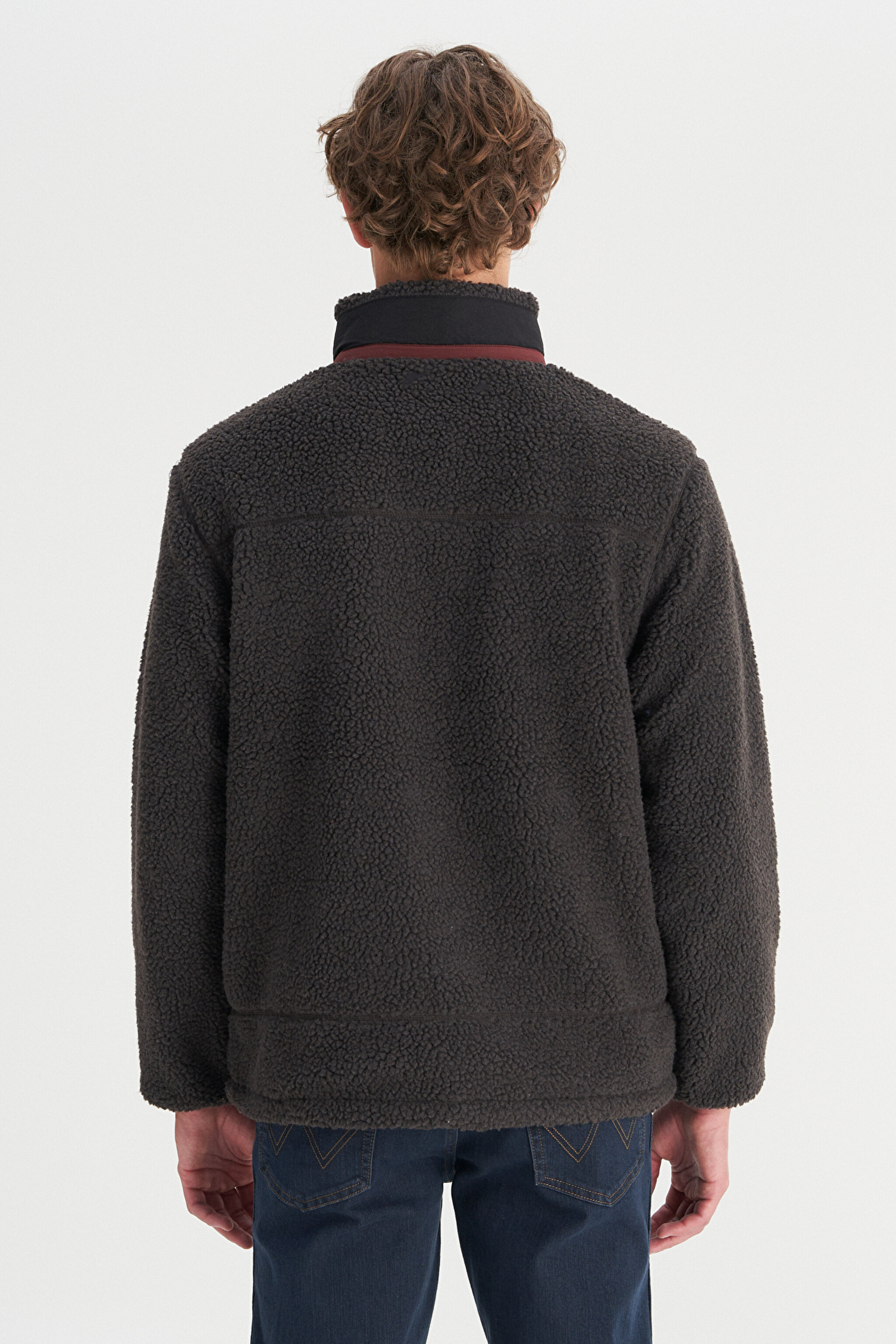 Regular Fit Normal Kesim Dik Yaka Tam Fermuarlı Cepli Sherpa Sweatshirt Polar - Anthracite-W2520142003 (görsel 5)