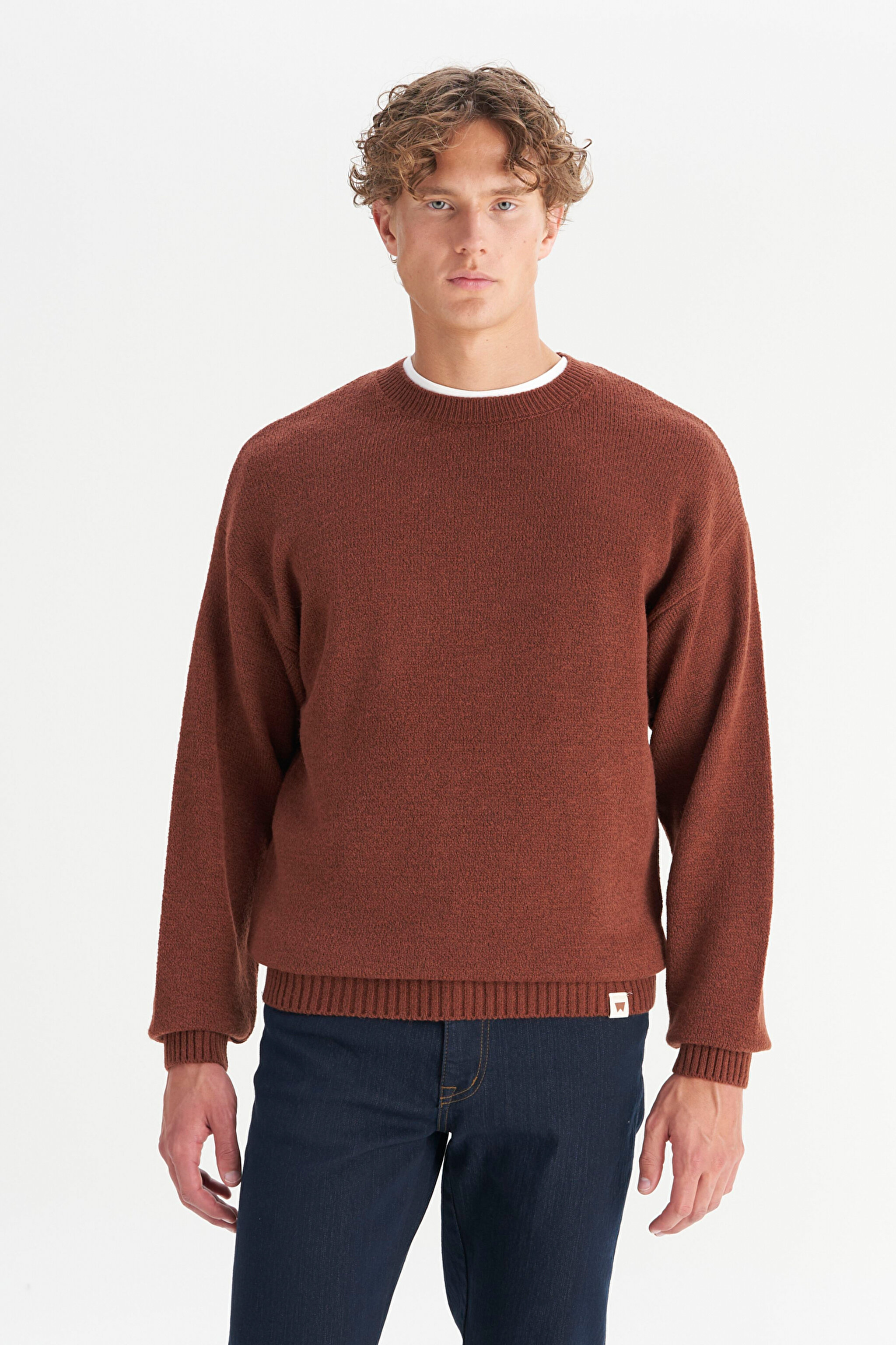 Relaxed Fit Geniş Kesim Bisiklet Yaka Kahverengi Triko Kazak