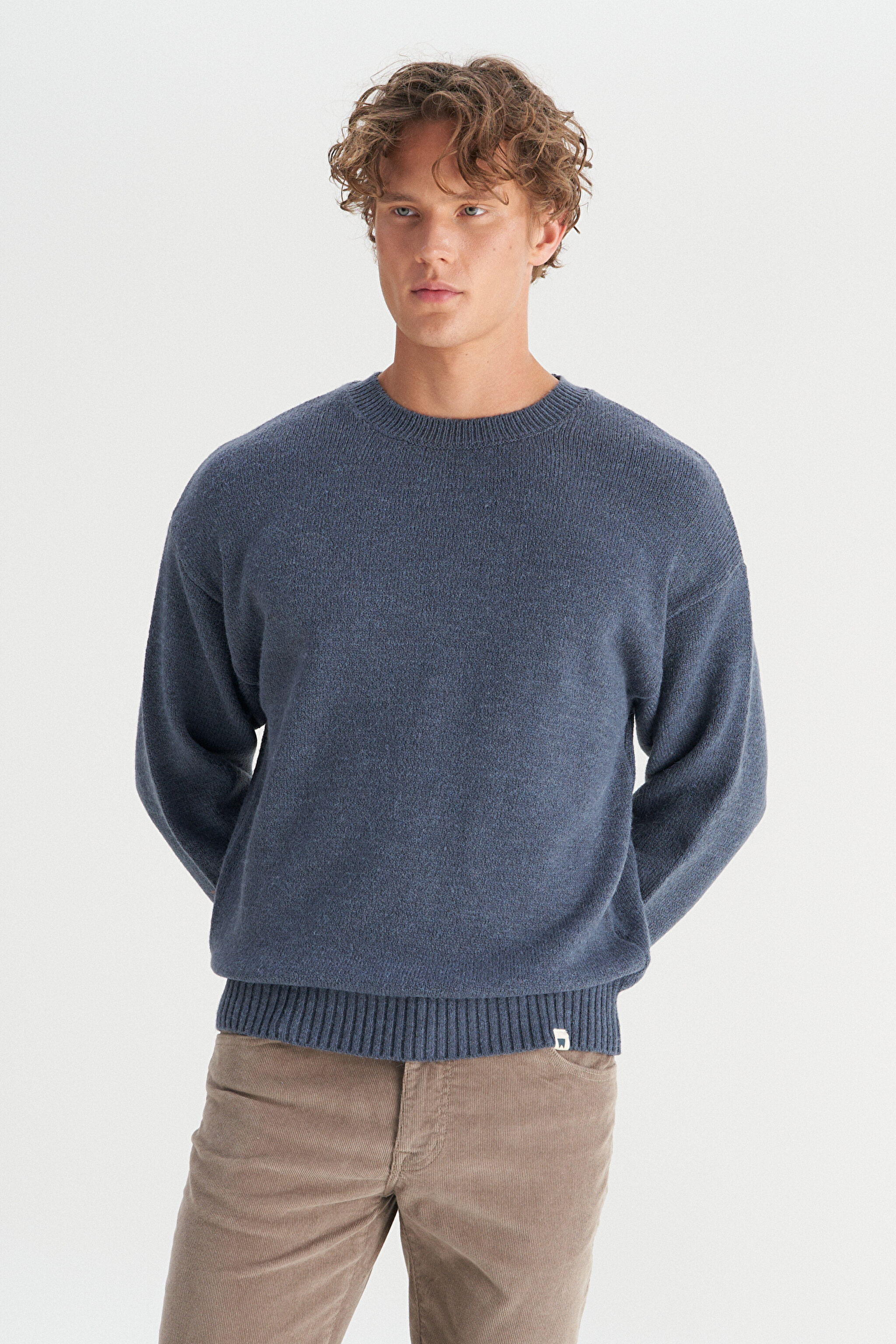 Relaxed Fit Geniş Kesim Bisiklet Yaka Lacivert Triko Kazak - Navy-W2520156410 (görsel 3)