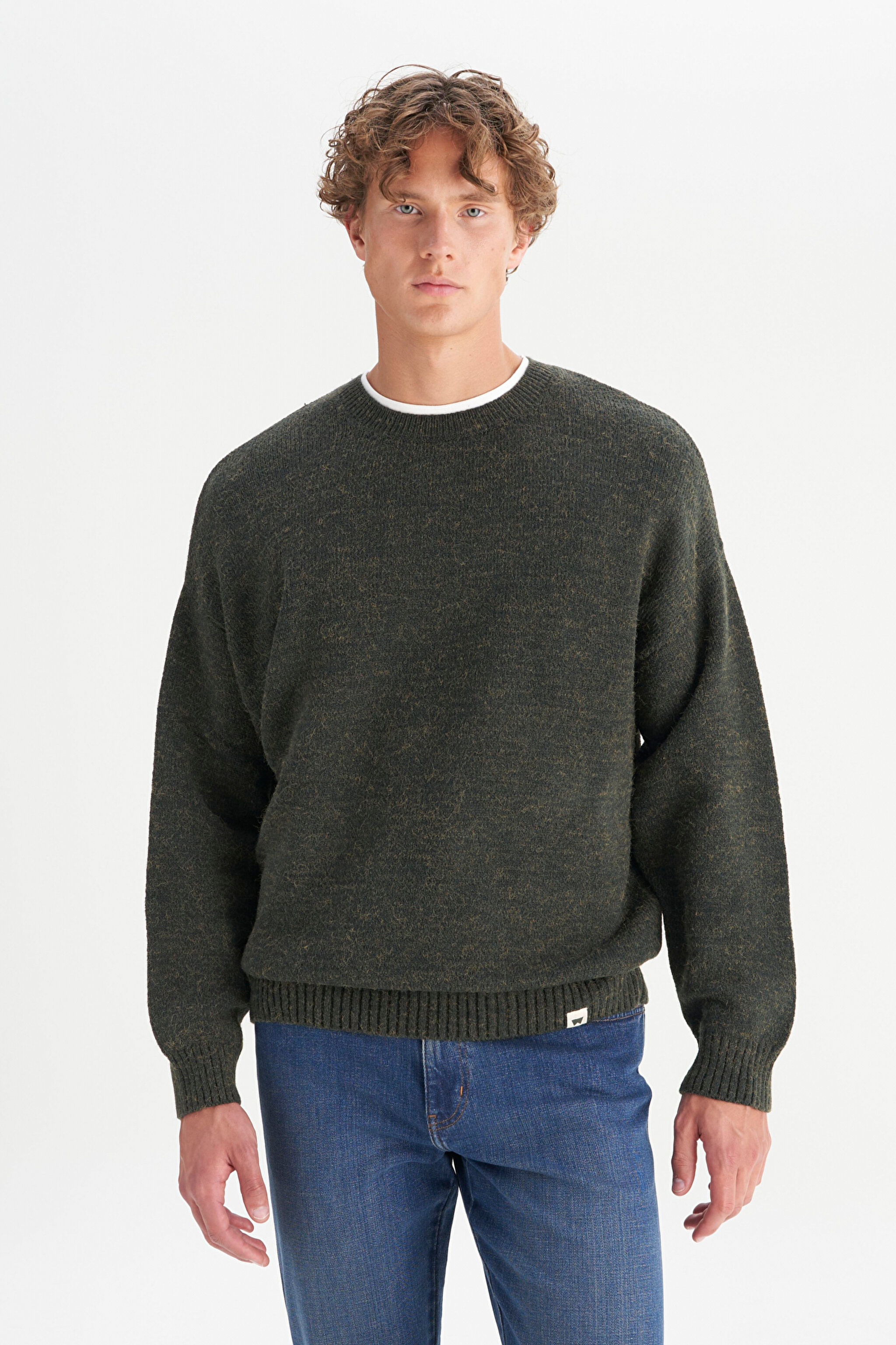 Relaxed Fit Geniş Kesim Bisiklet Yaka Koyu Yeşil Triko Kazak