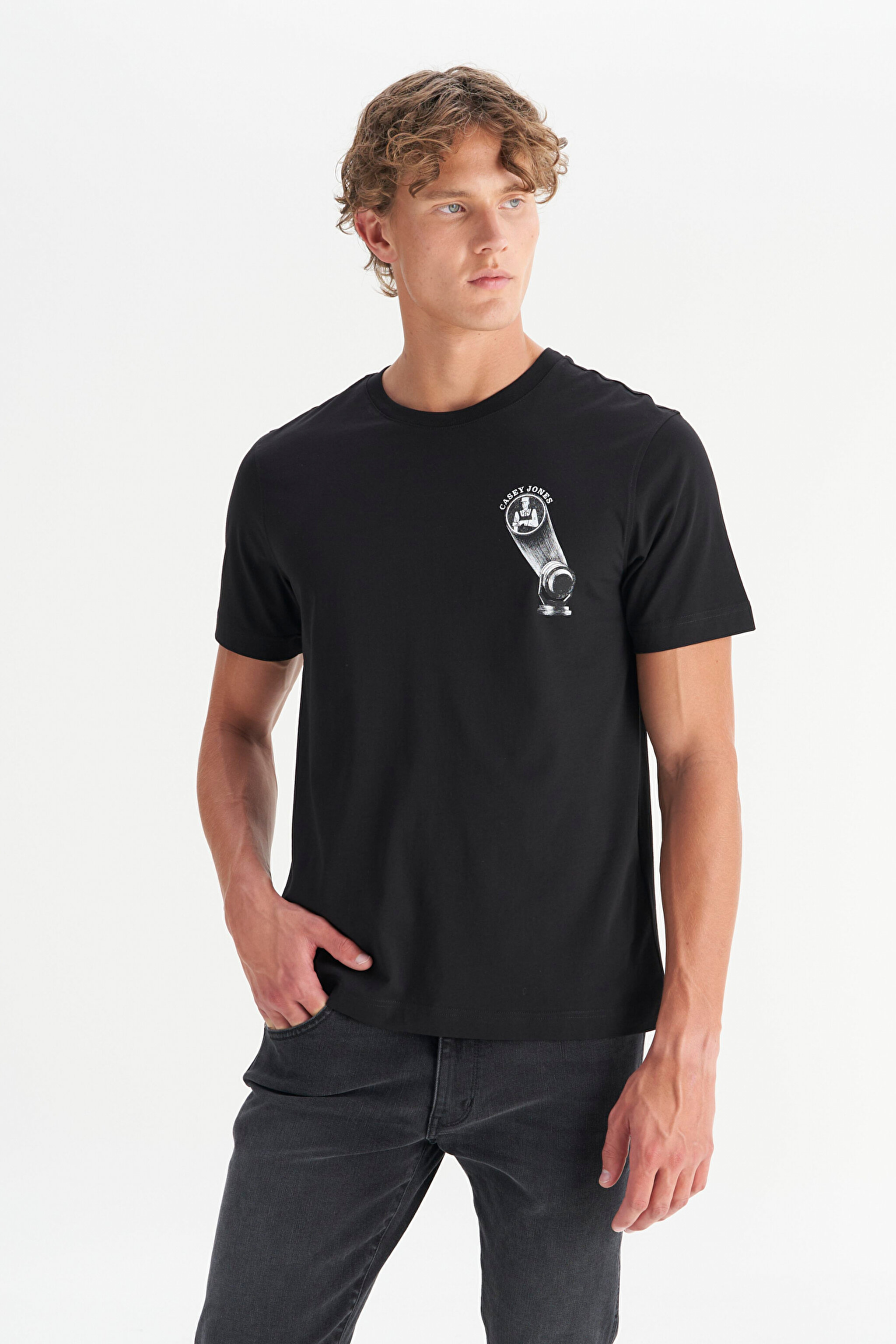 %100 Pamuk Regular Fit Normal Kesim Bisiklet Yaka Tişört - Black-W2520169001 (görsel 3)