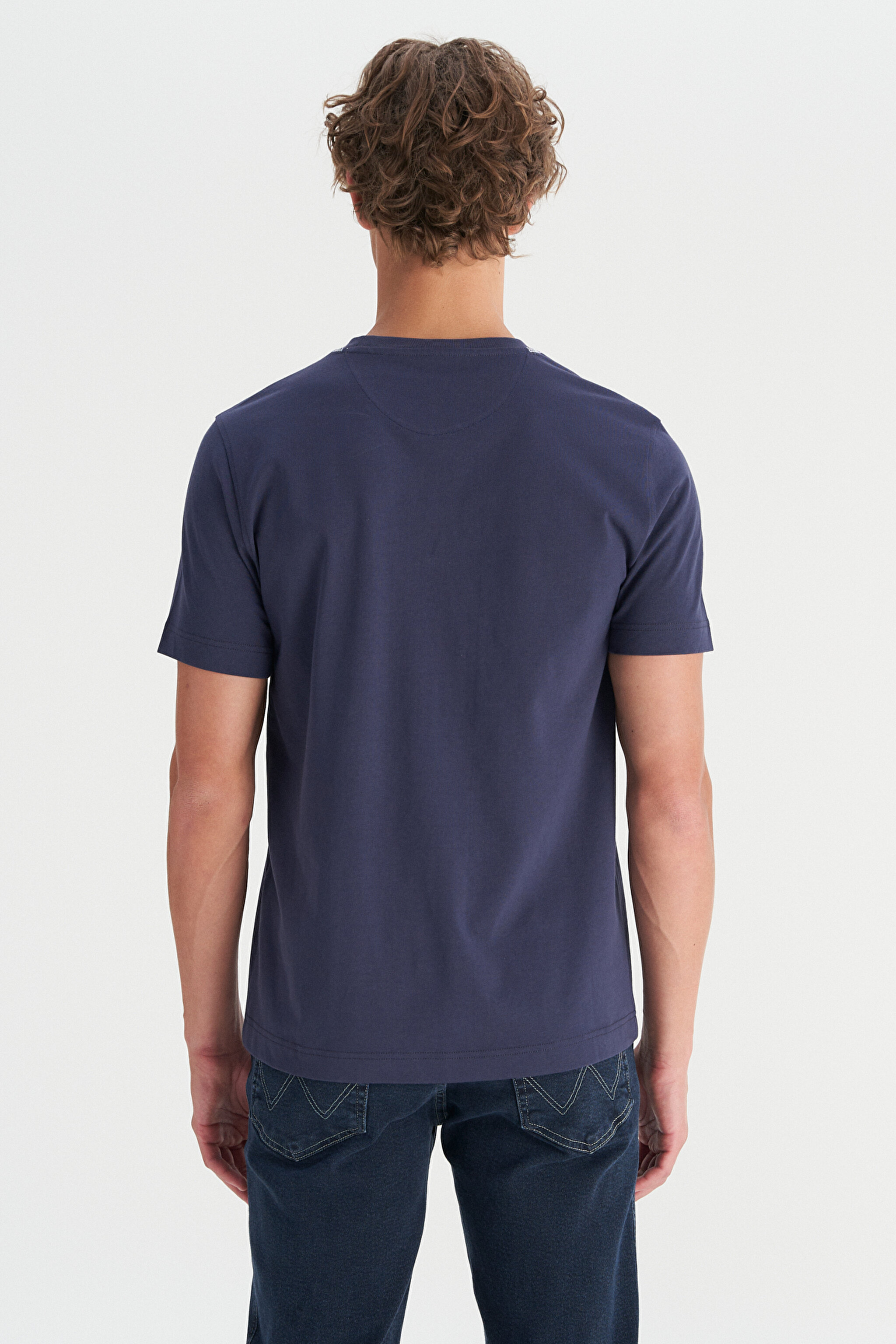 %100 Pamuk Regular Fit Normal Kesim Bisiklet Yaka Logo Detaylı Tişört - DarKNavy-W2520240411 (görsel 5)