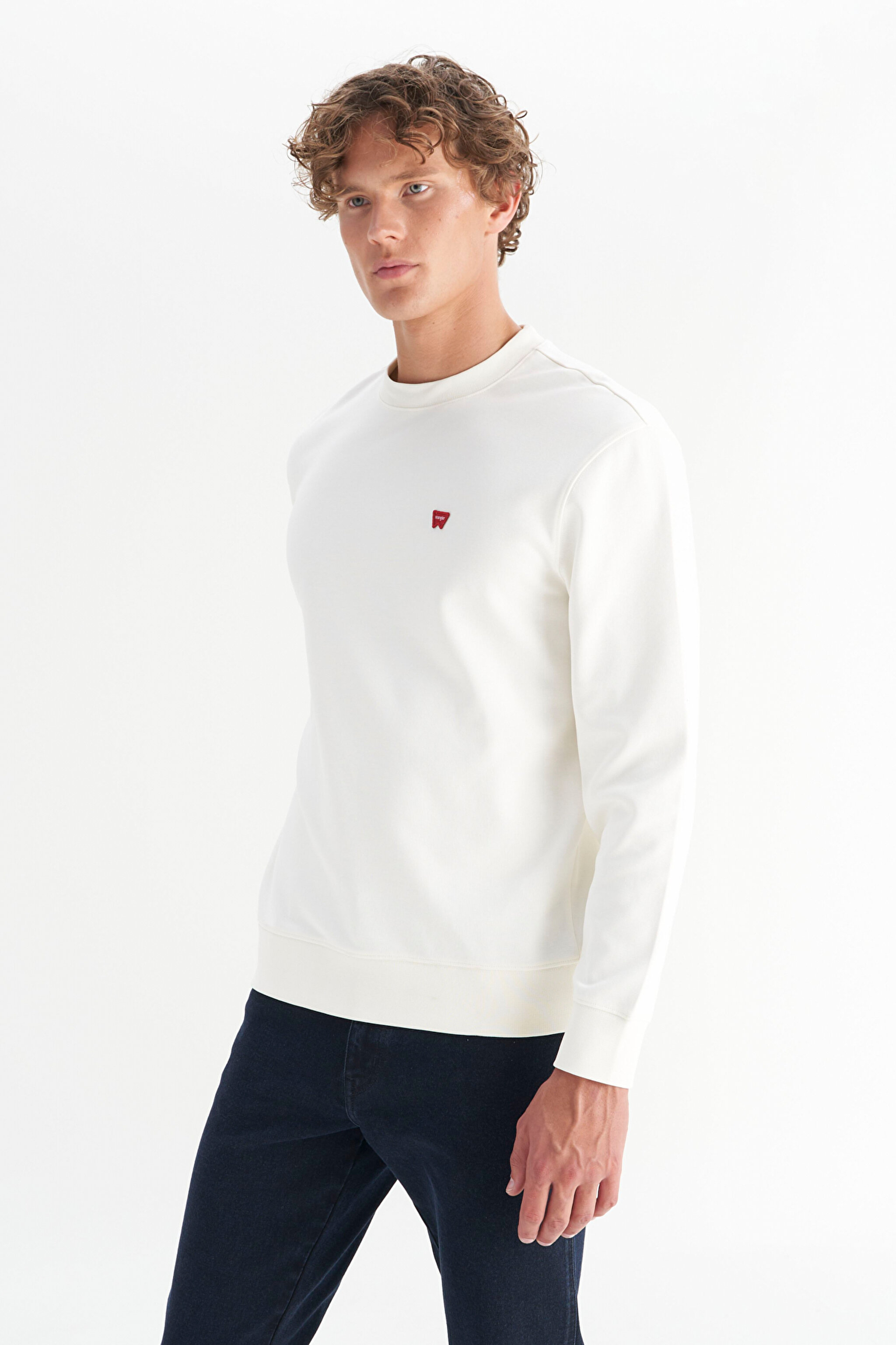 Pamuklu Regular Fit Normal Kesim Bisiklet Yaka Logo Detaylı Sweatshirt - Worn White-W2520255W02 (görsel 3)