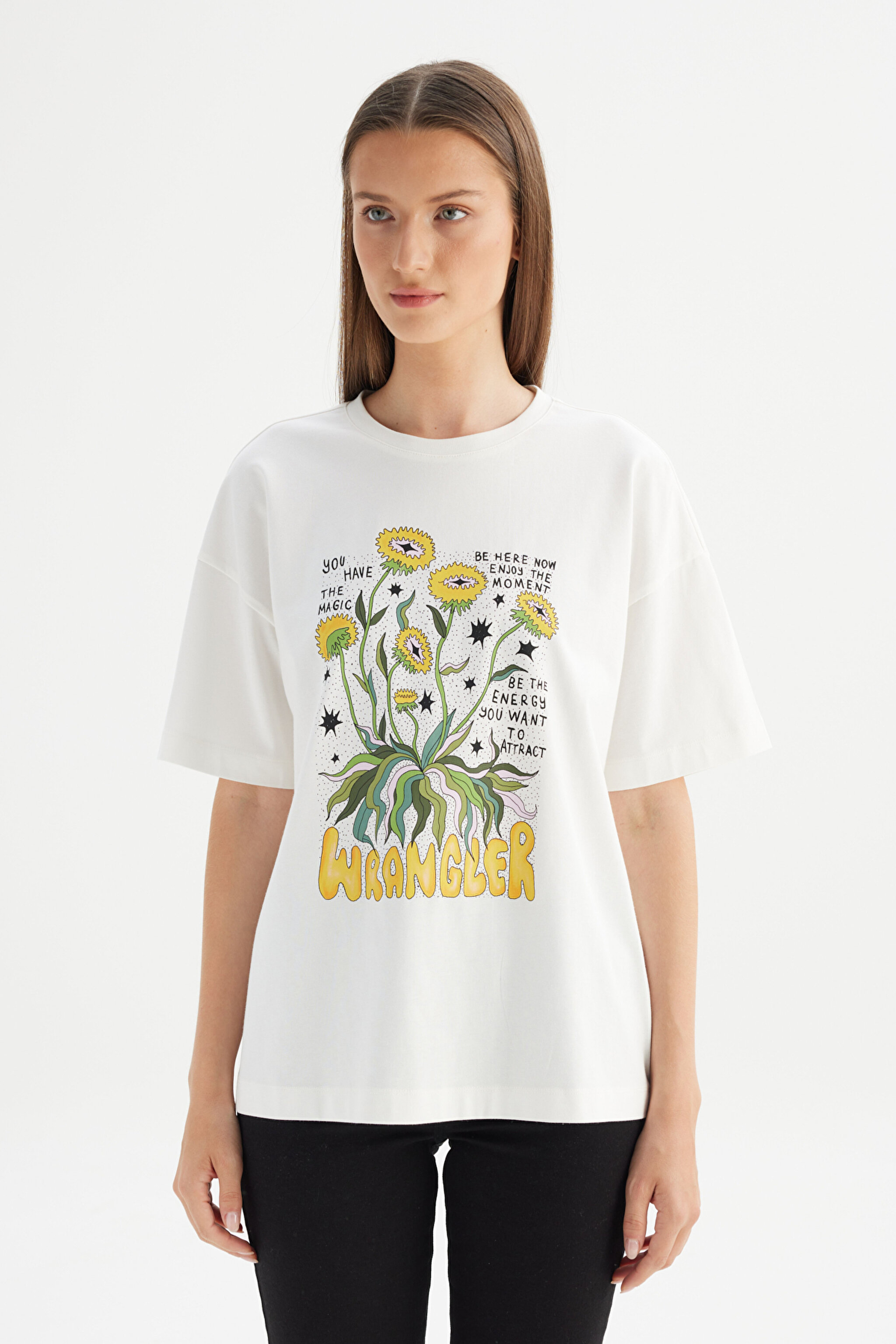 %100 Pamuk Loose Fit Rahat Kesim Bisiklet Yaka Baskılı Kırık Beyaz Tişört