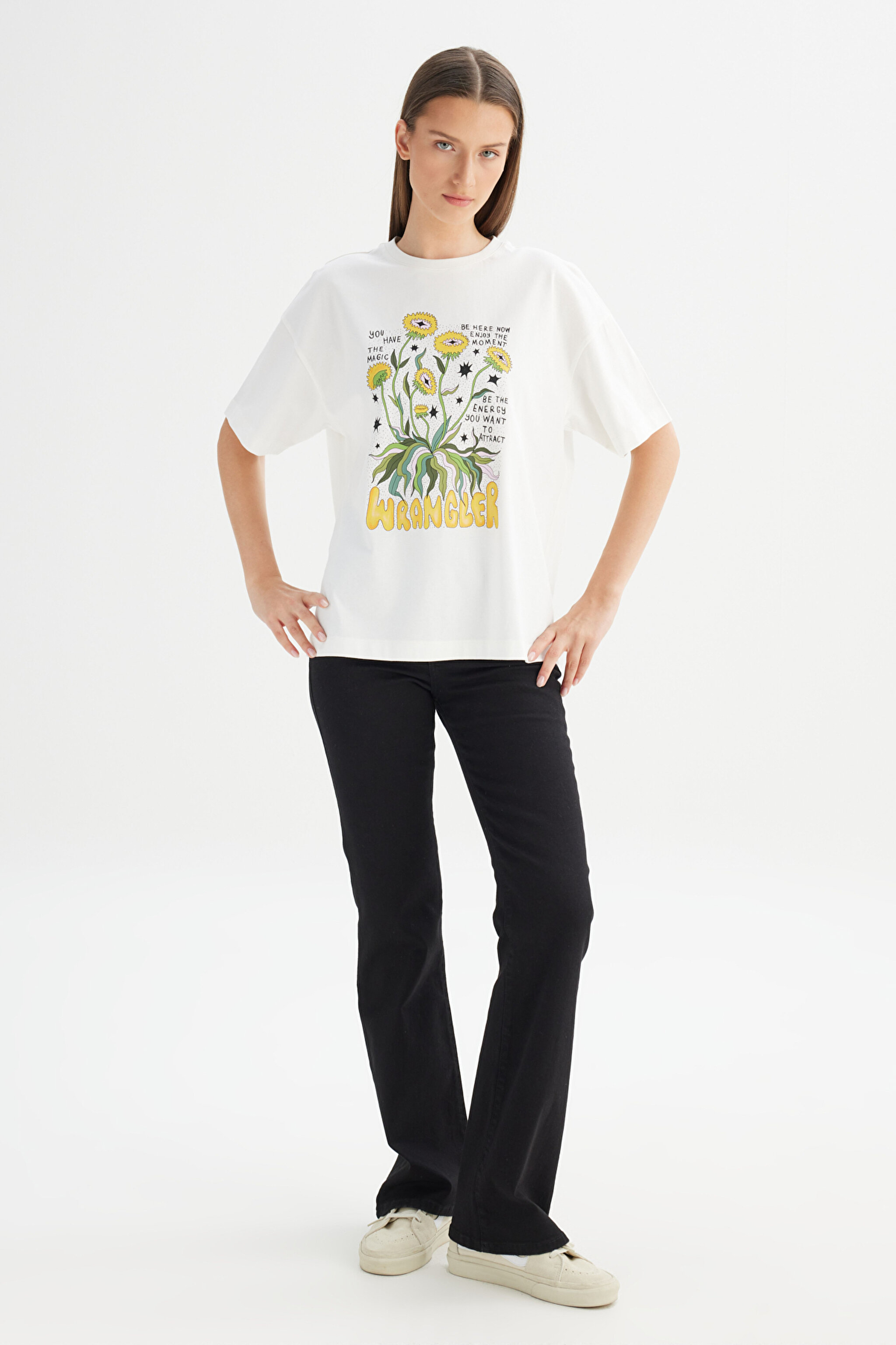 %100 Pamuk Loose Fit Rahat Kesim Bisiklet Yaka Baskılı Kırık Beyaz Tişört - Off White-W2520305102 (görsel 2)