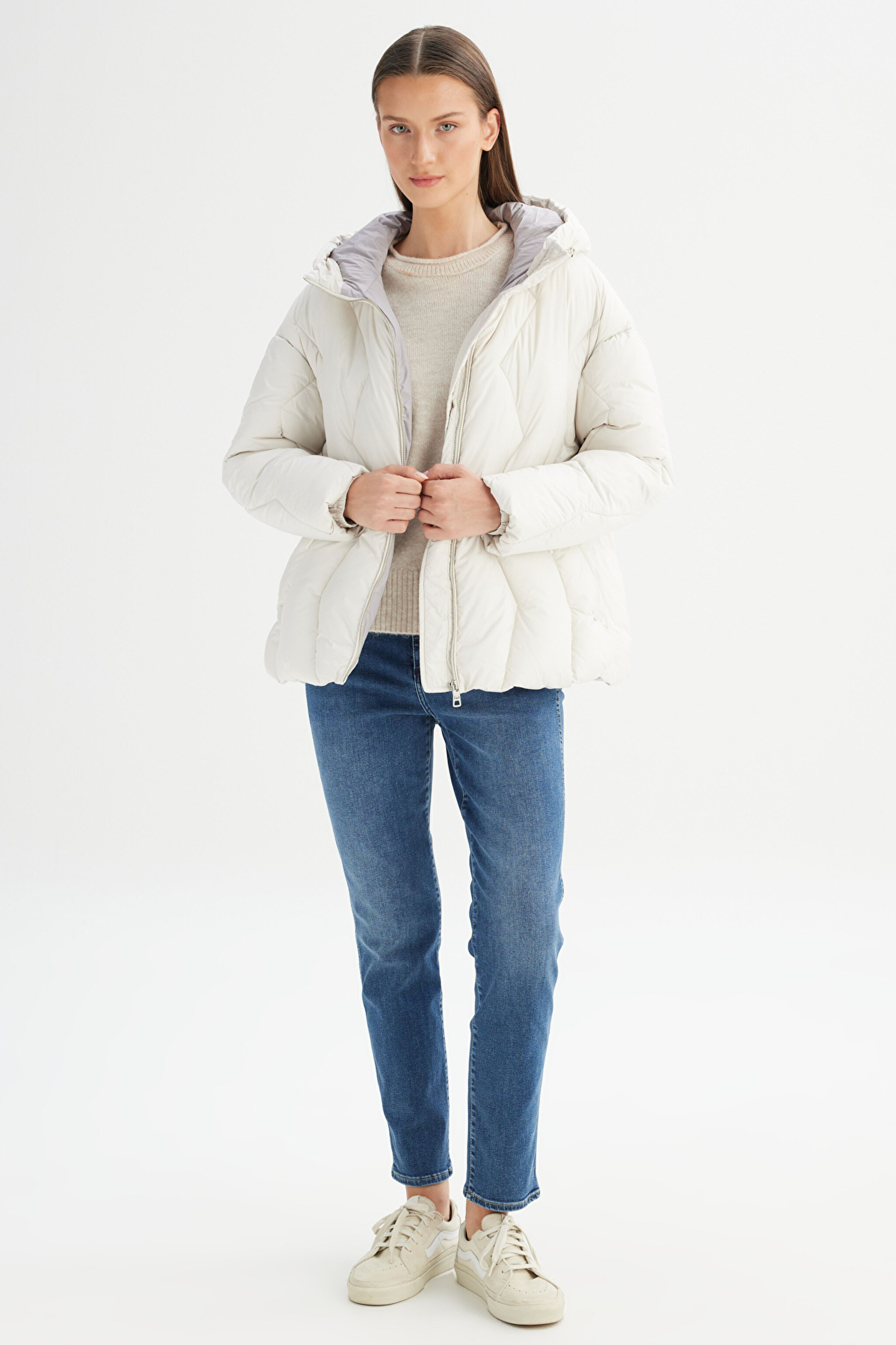 Regular Fit Normal Kesim Kapüşonlu Kırık Beyaz Şişme Mont - Off White-W2520426102 (görsel 2)