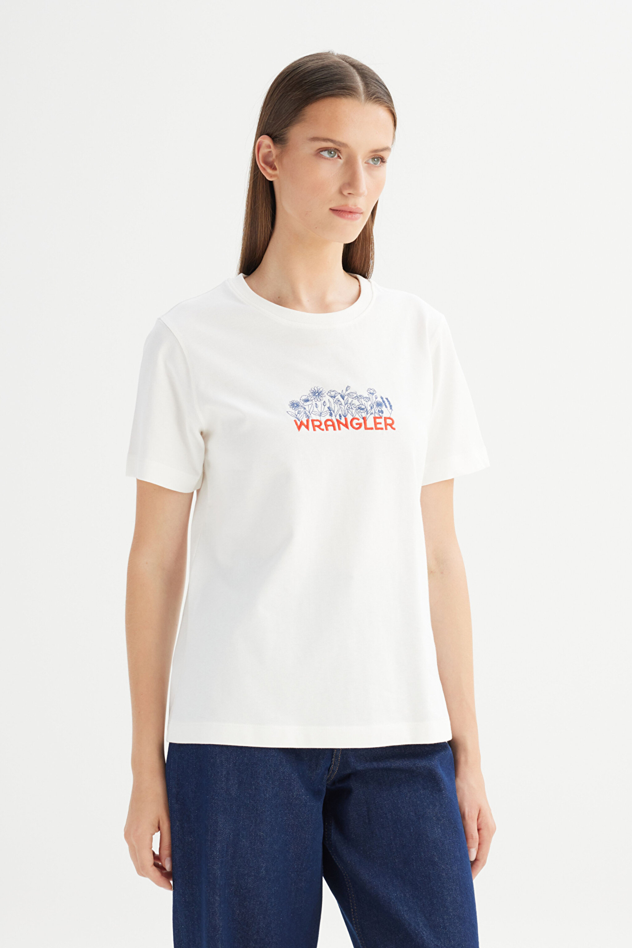 %100 Pamuk Regular Fit Normal Kesim Bisiklet Yaka Tişört - Off White-W2520434102 (görsel 3)
