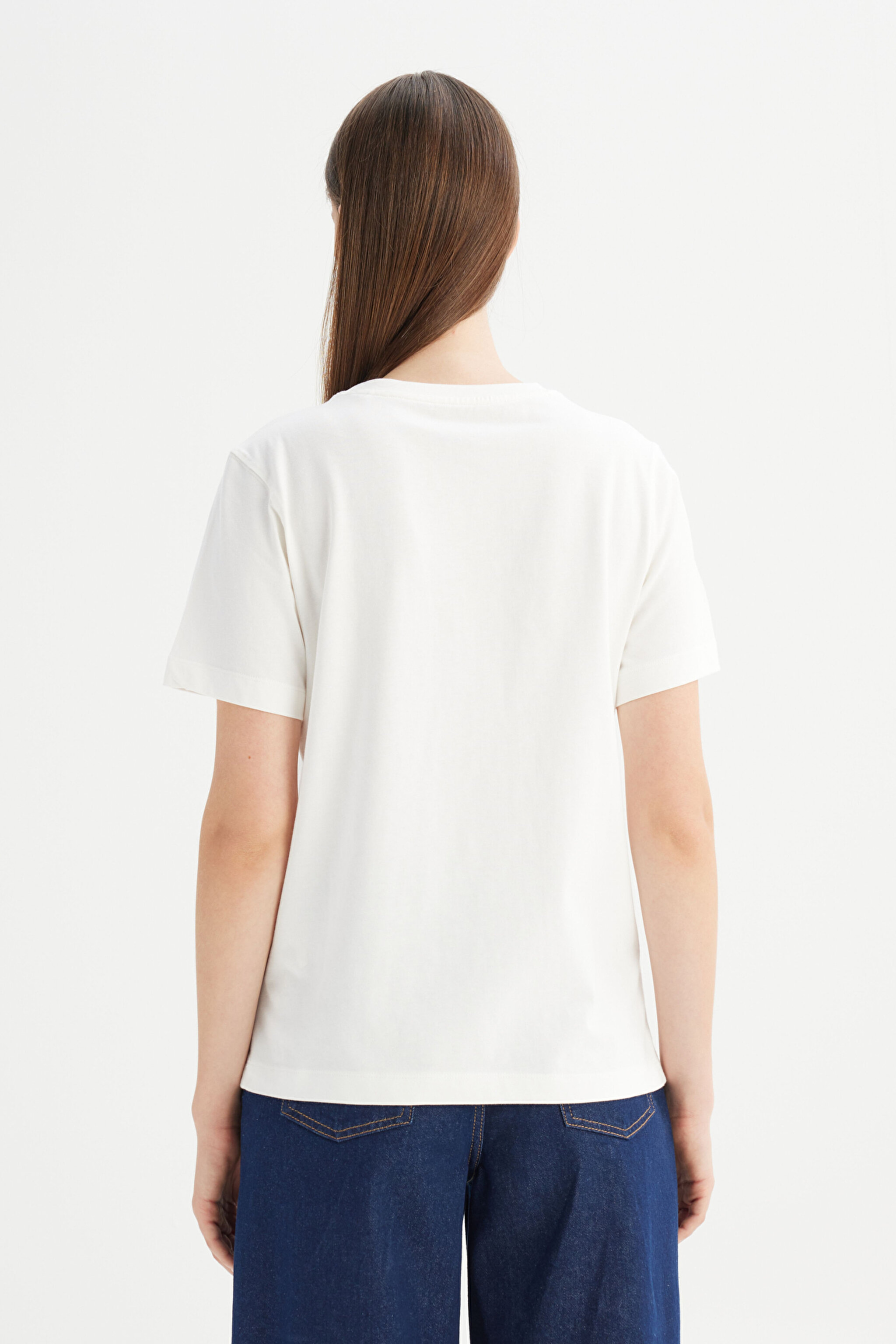 %100 Pamuk Regular Fit Normal Kesim Bisiklet Yaka Tişört - Off White-W2520434102 (görsel 5)