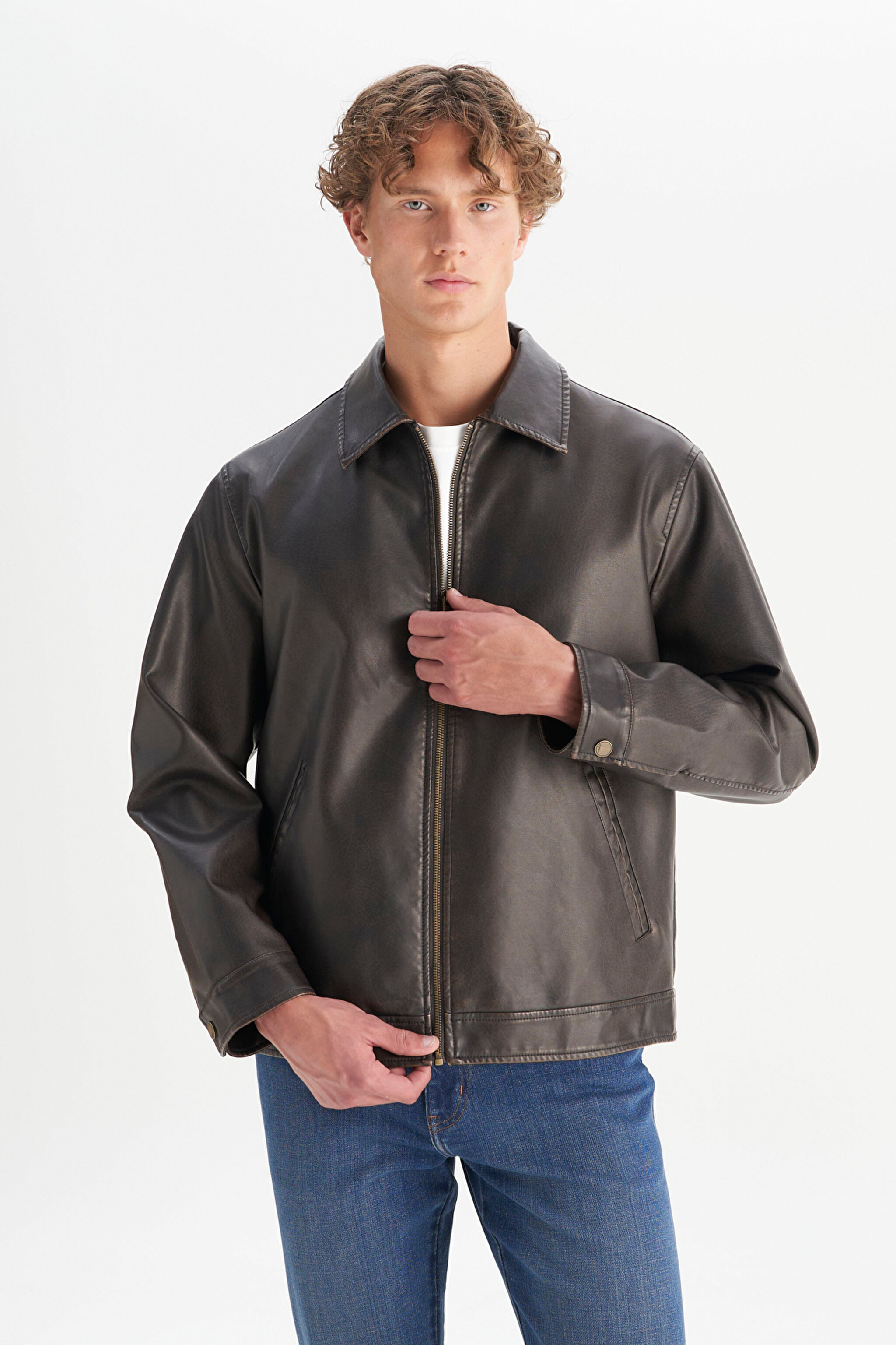Regular Fit Normal Kesim Gömlek Yaka Cepli Deri Ceket - Dark Brown-W252043924