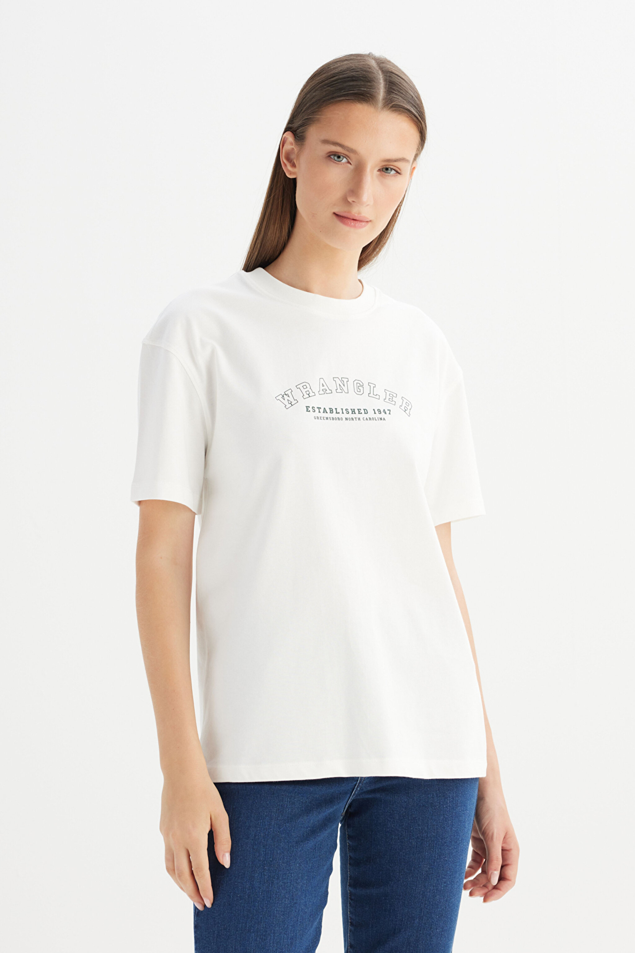 %100 Pamuk Relaxed Fit Rahat Kesim Bisiklet Yaka Logo Detaylı Tişört - Off White-W2520452102 (görsel 3)