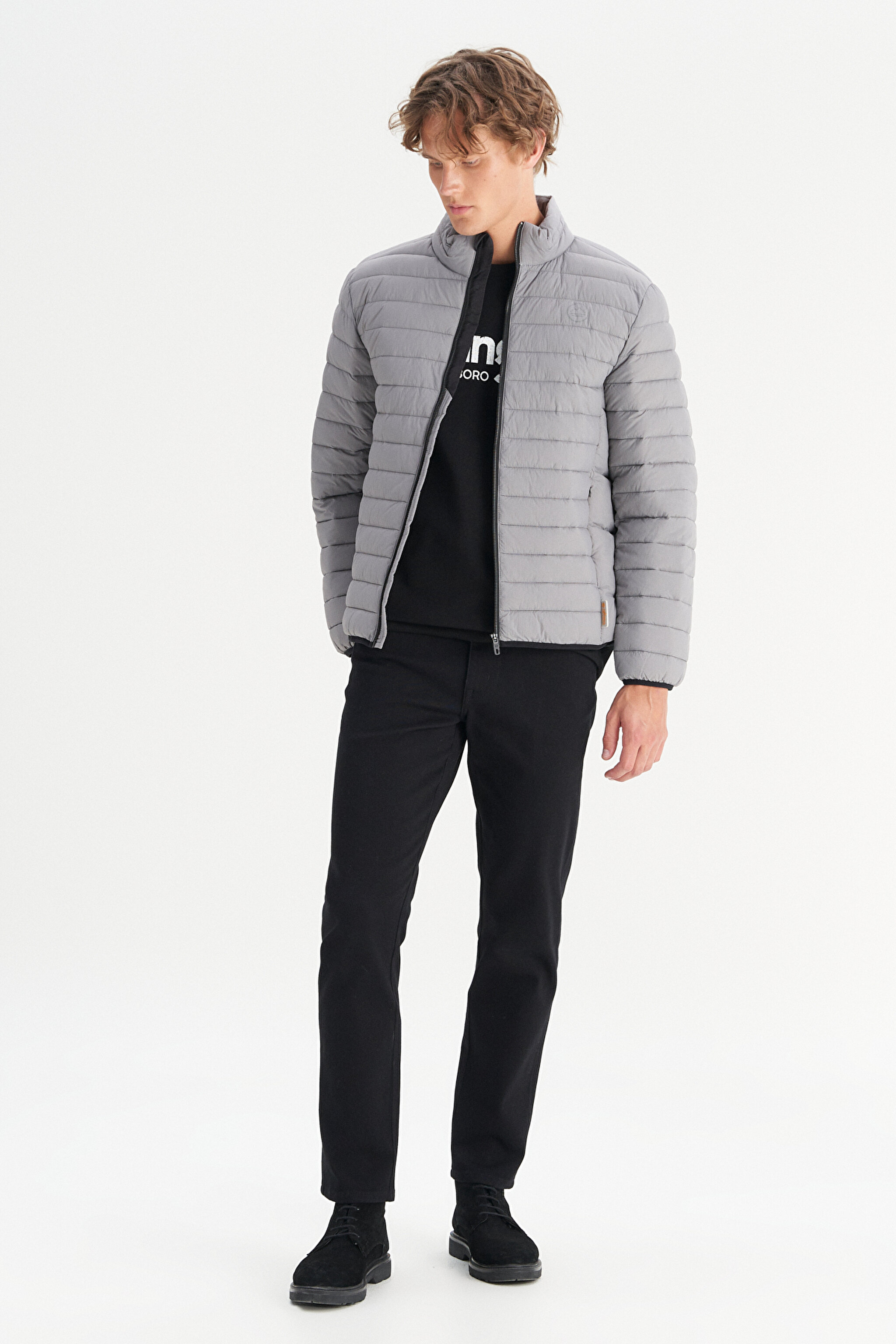 Regular Fit Normal Kesim Dik Yaka Cepli Şişme Mont - Gray-W2520510035 (görsel 2)